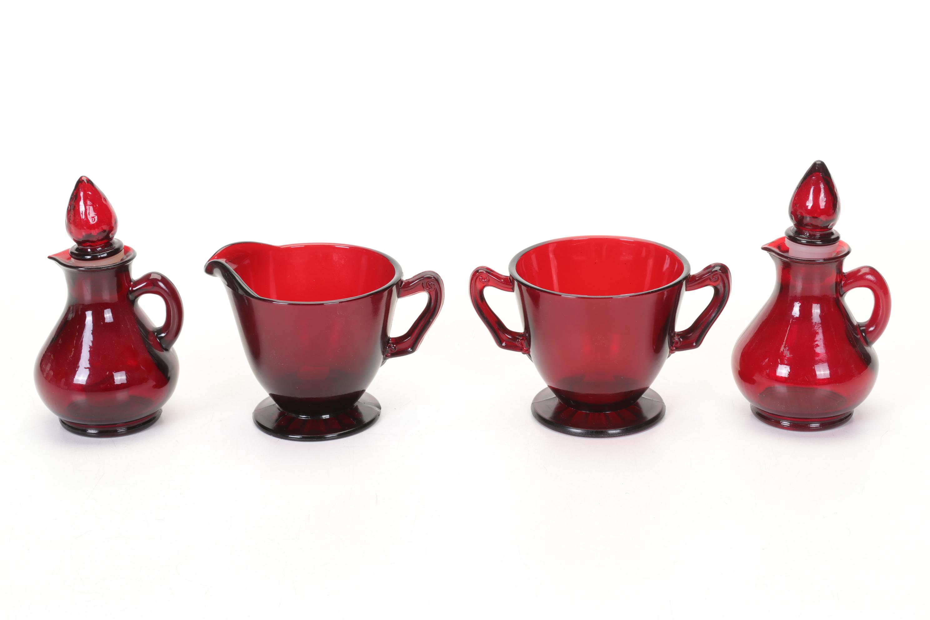 Ruby Cut to Clear Vase and Relish Dish with Other Ruby Red Glass Items