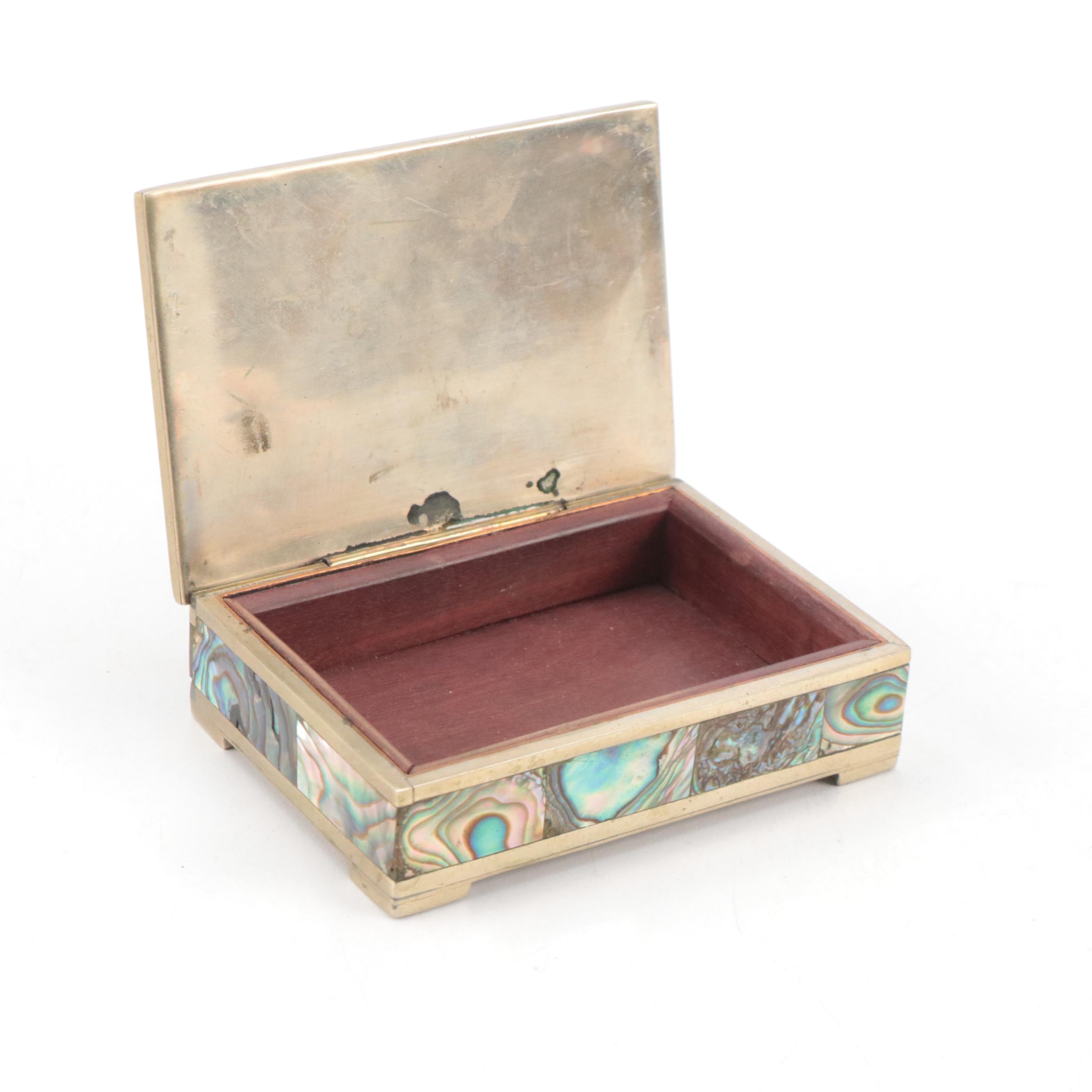 Mexican Silver Finish Metal and Inlaid Abalone Decorative Box