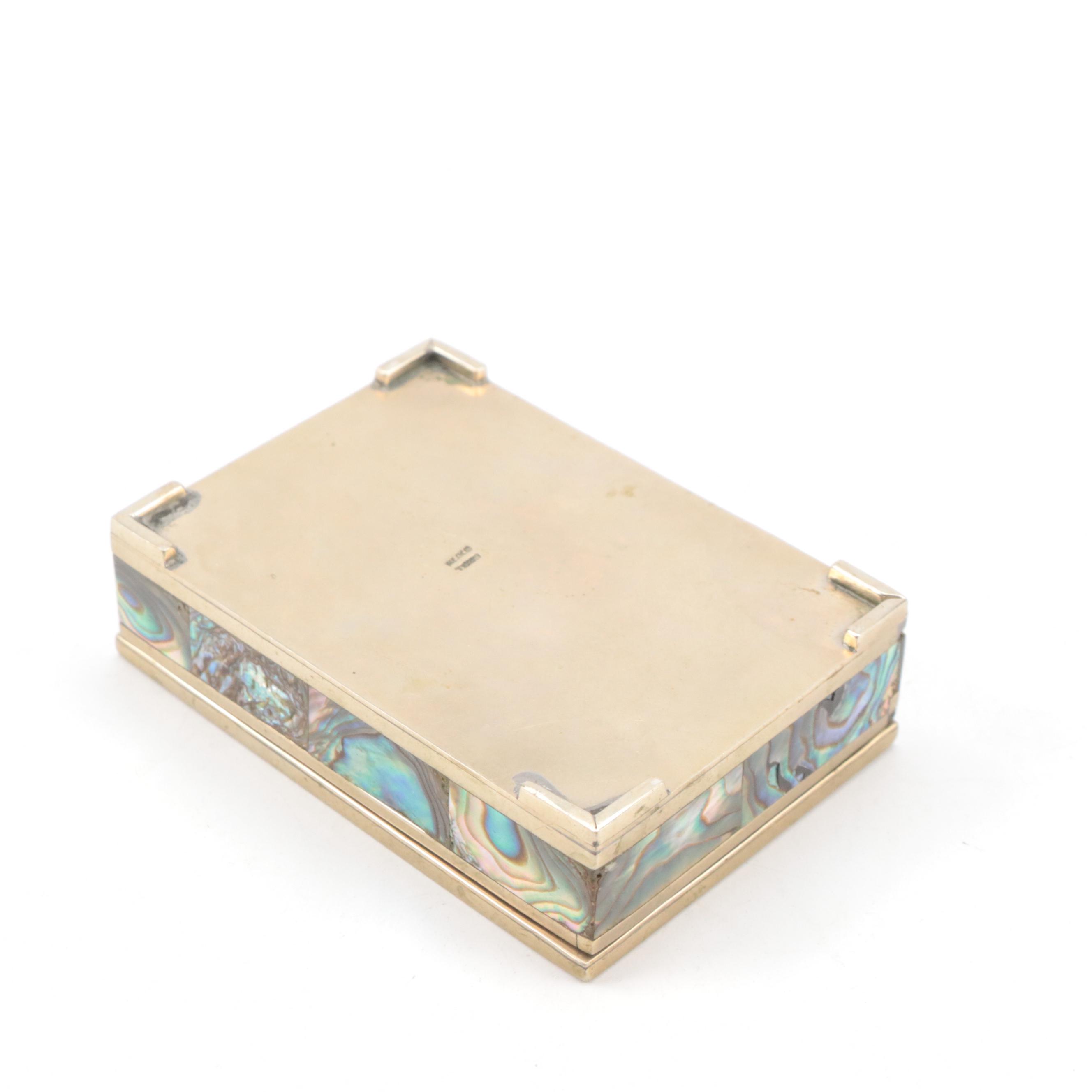 Mexican Silver Finish Metal and Inlaid Abalone Decorative Box