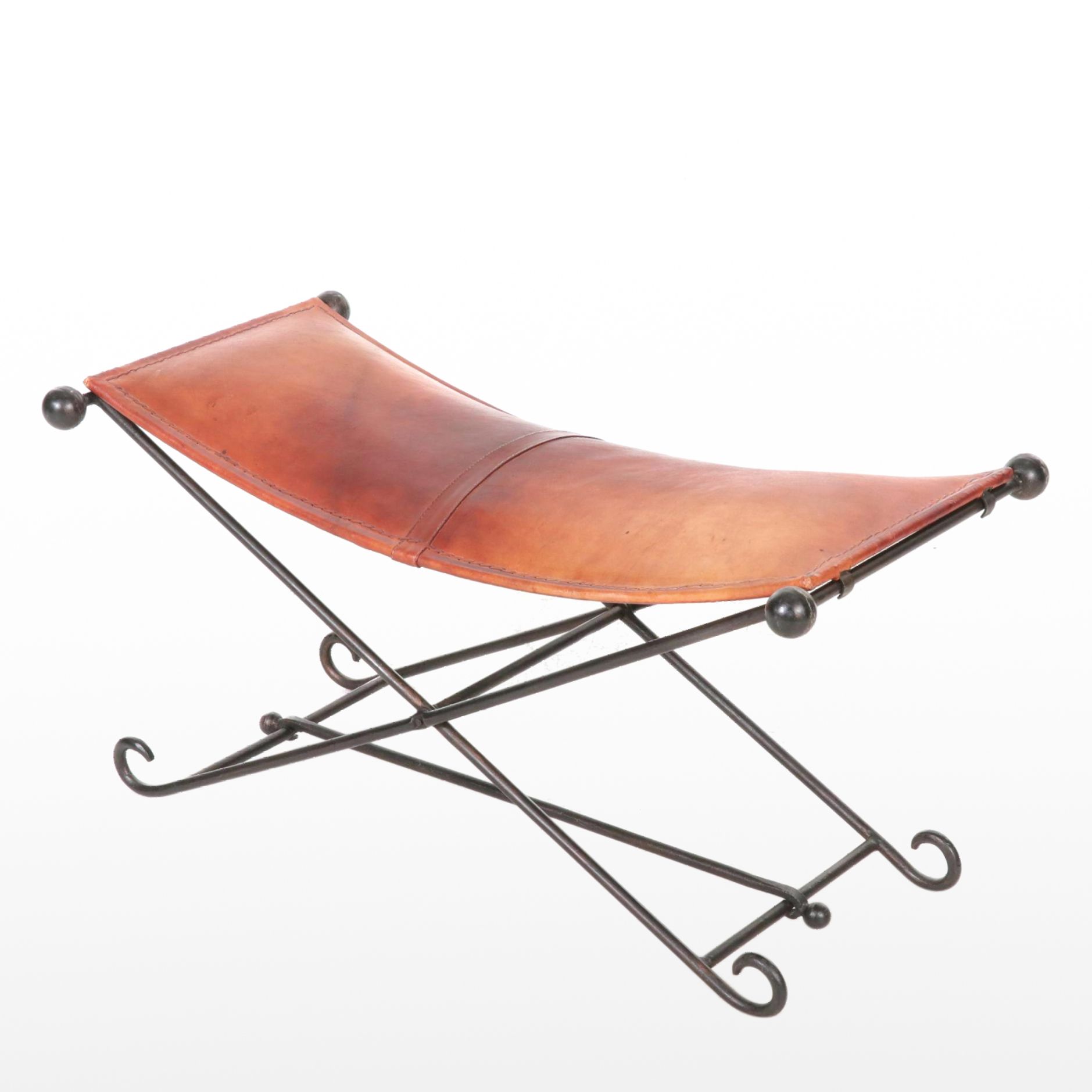 Leather Campaign Bench on Folding Wrought Iron Frame