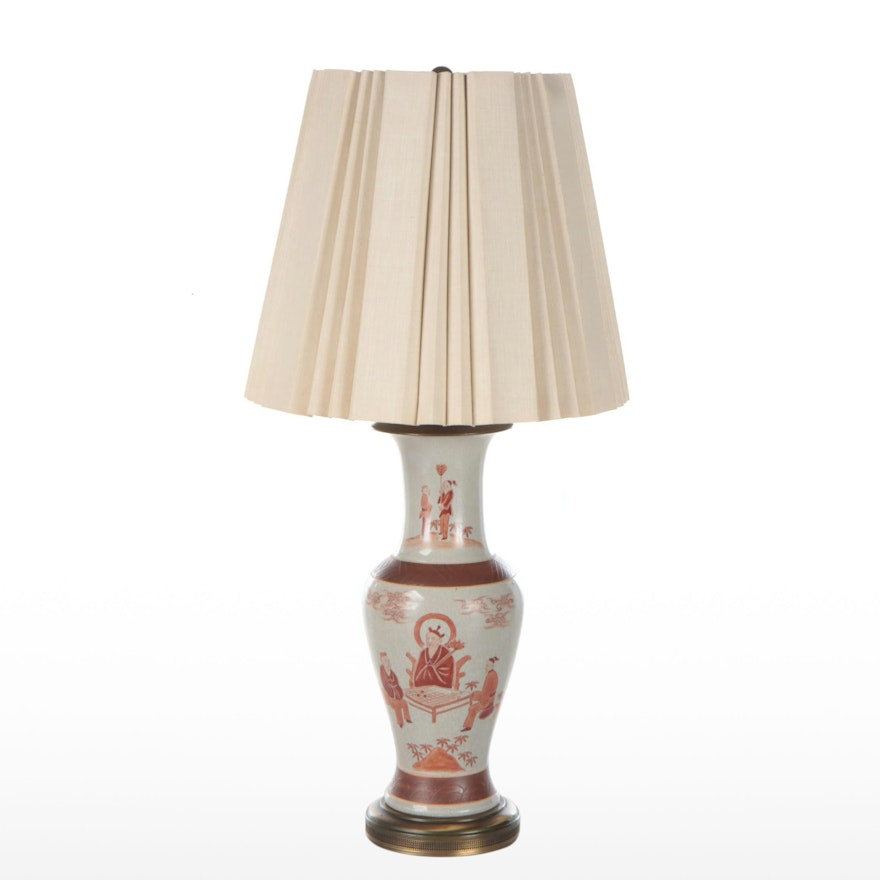 Hand-Painted Ceramic Phoenix Tail Vase Table Lamp with Pleated Shade