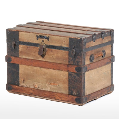 Small Late Victorian Metal-Bound, Canvas-Lined, and Slatted Ash Steamer Trunk