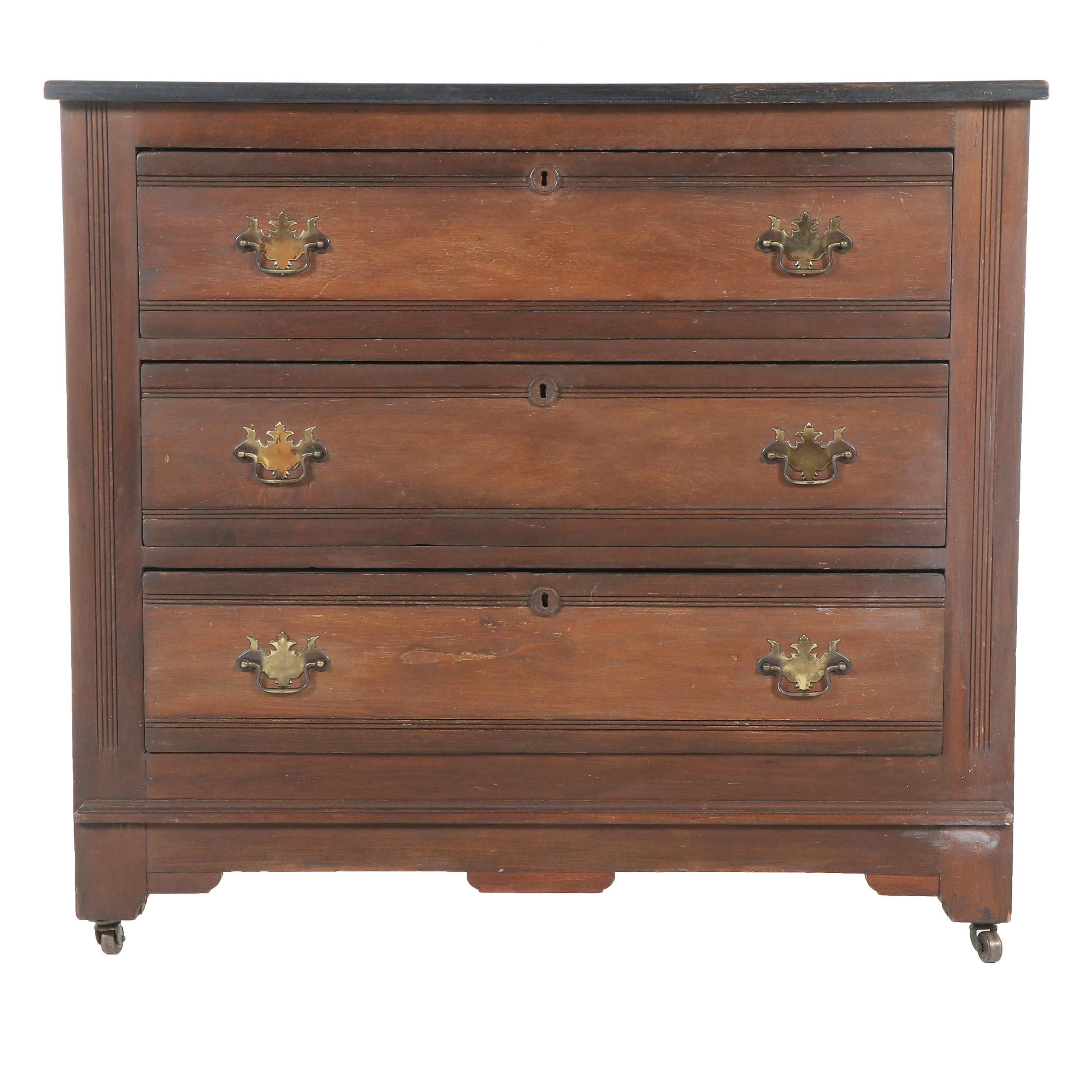 Victorian Poplar and Parcel-Ebonized Three-Drawer Chest, Late 19th Century