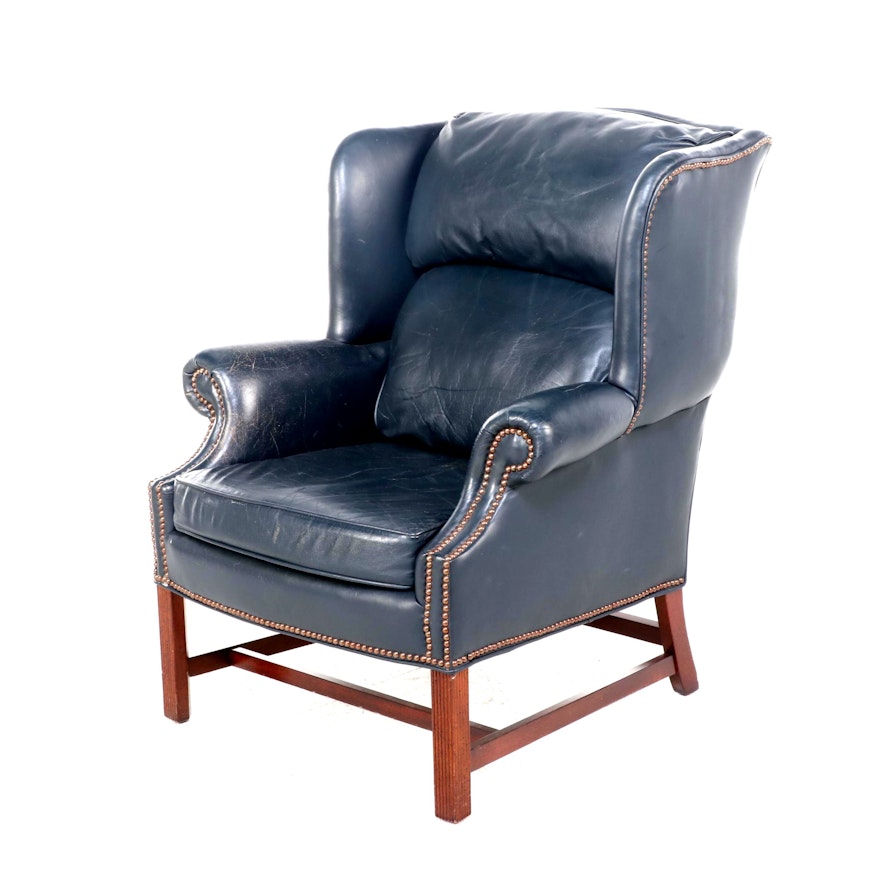 Classic Leather, Inc. Chippendale Style Leather and Brass Tacked Wingback Chair