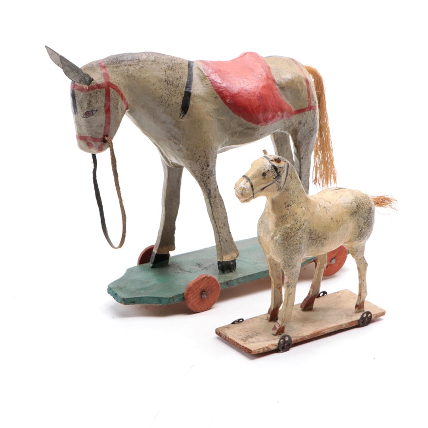 Victorian Papier-Mache Horse and Donkey Pull Toys, Late 19th/ Early 20th Century