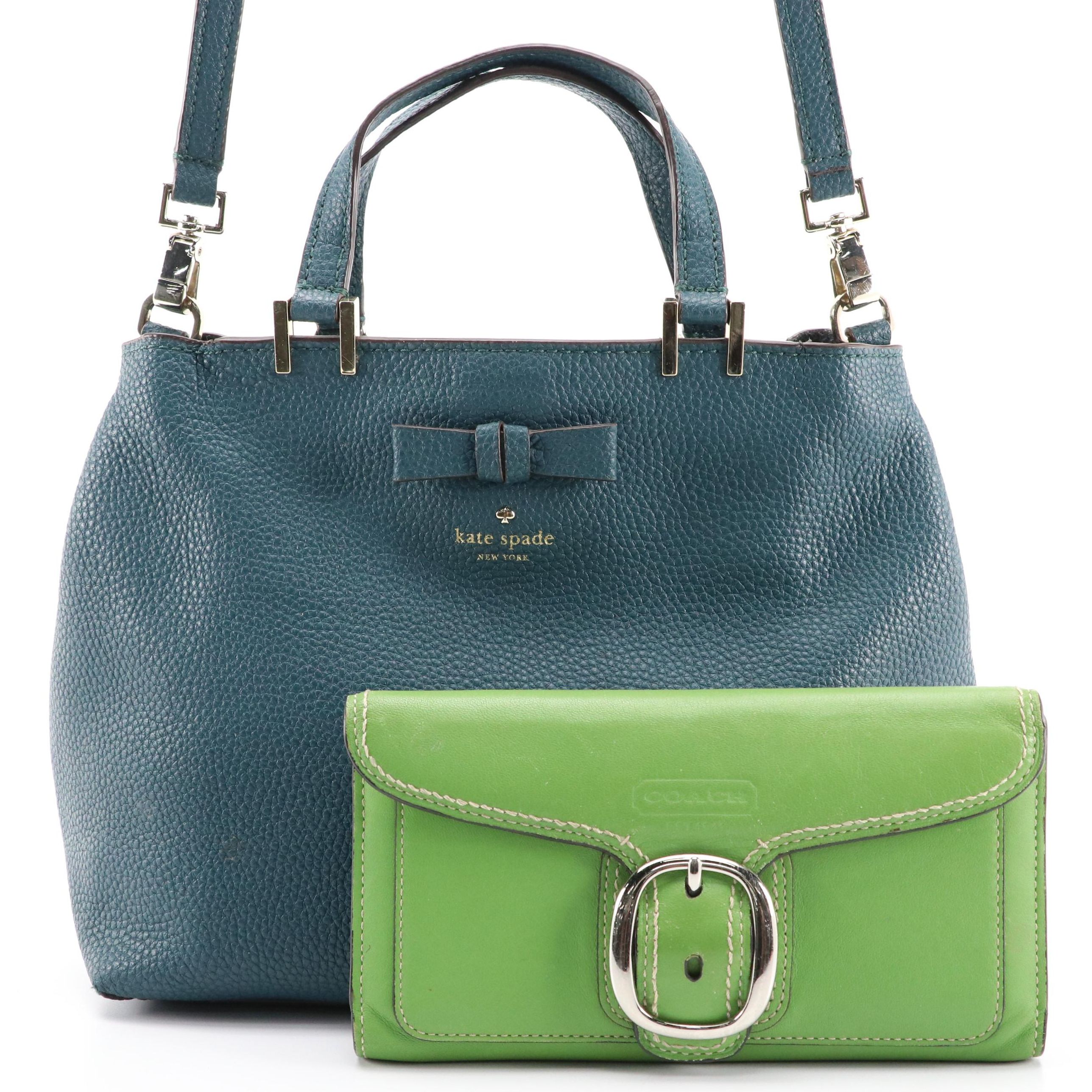 Coach Green Tri-Fold Buckle Wallet & Checkbook Cover, Kate Spade Two-Way Bow Bag