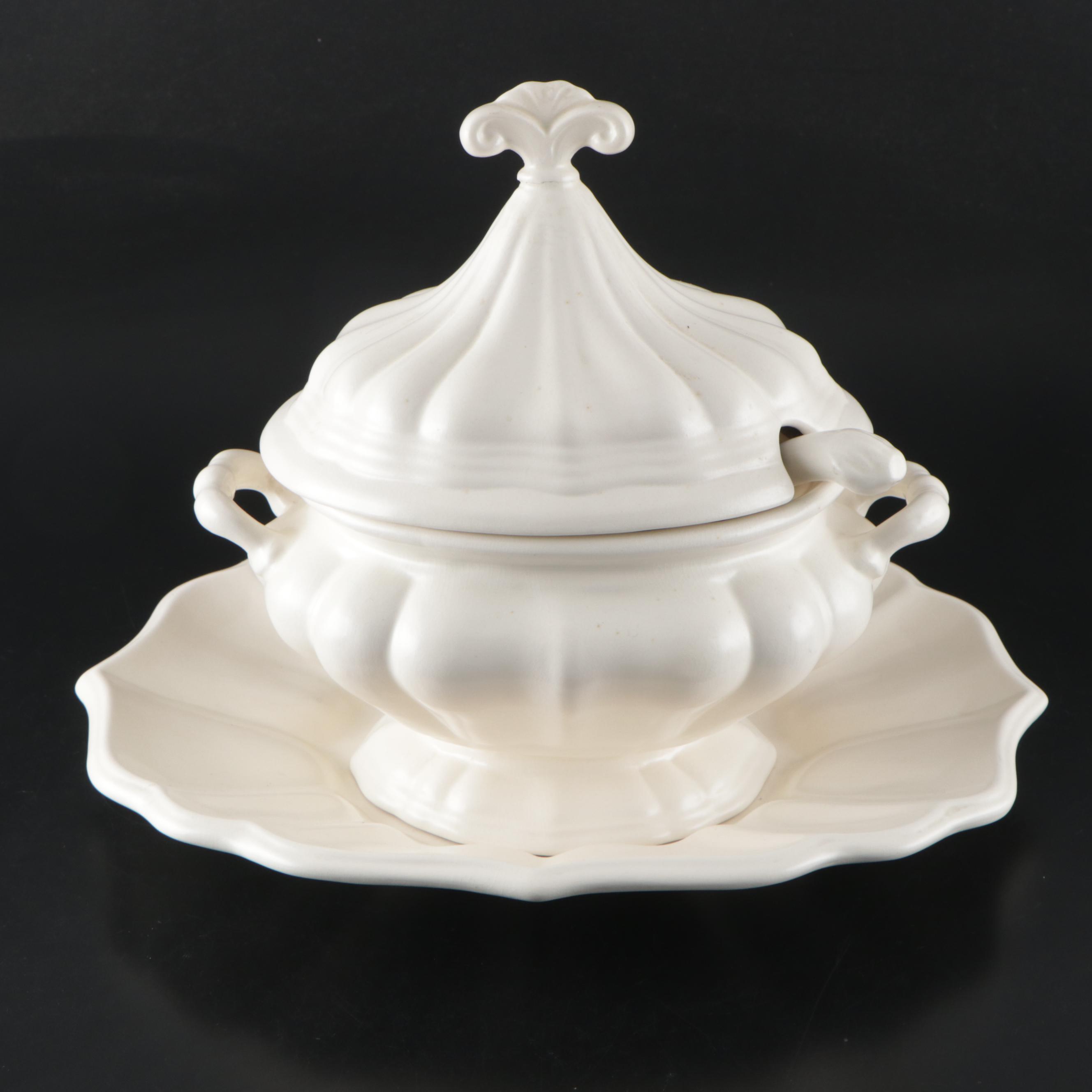 L. Field Cream Glaze Ceramic Tureen, Spoon and Tray