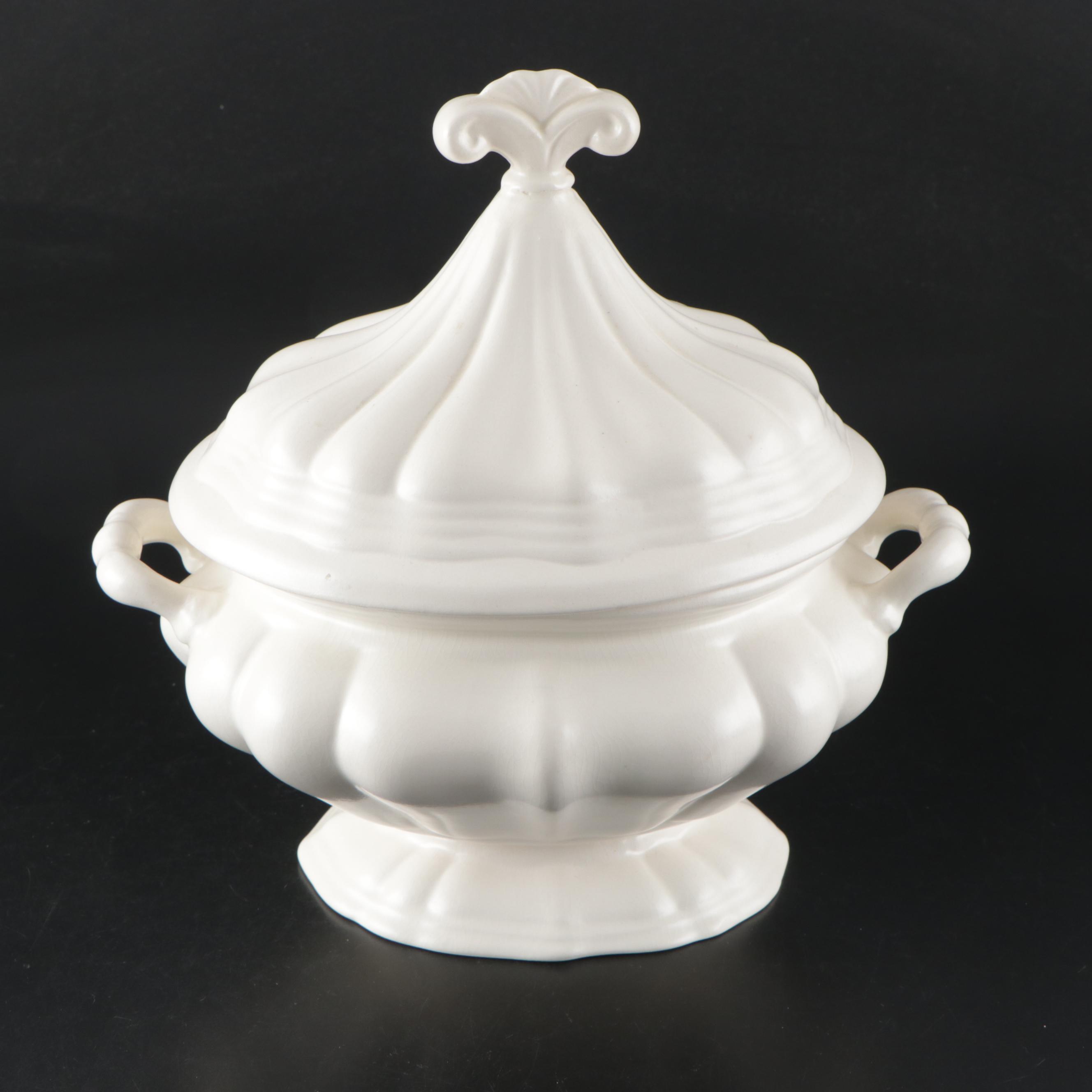 L. Field Cream Glaze Ceramic Tureen, Spoon and Tray