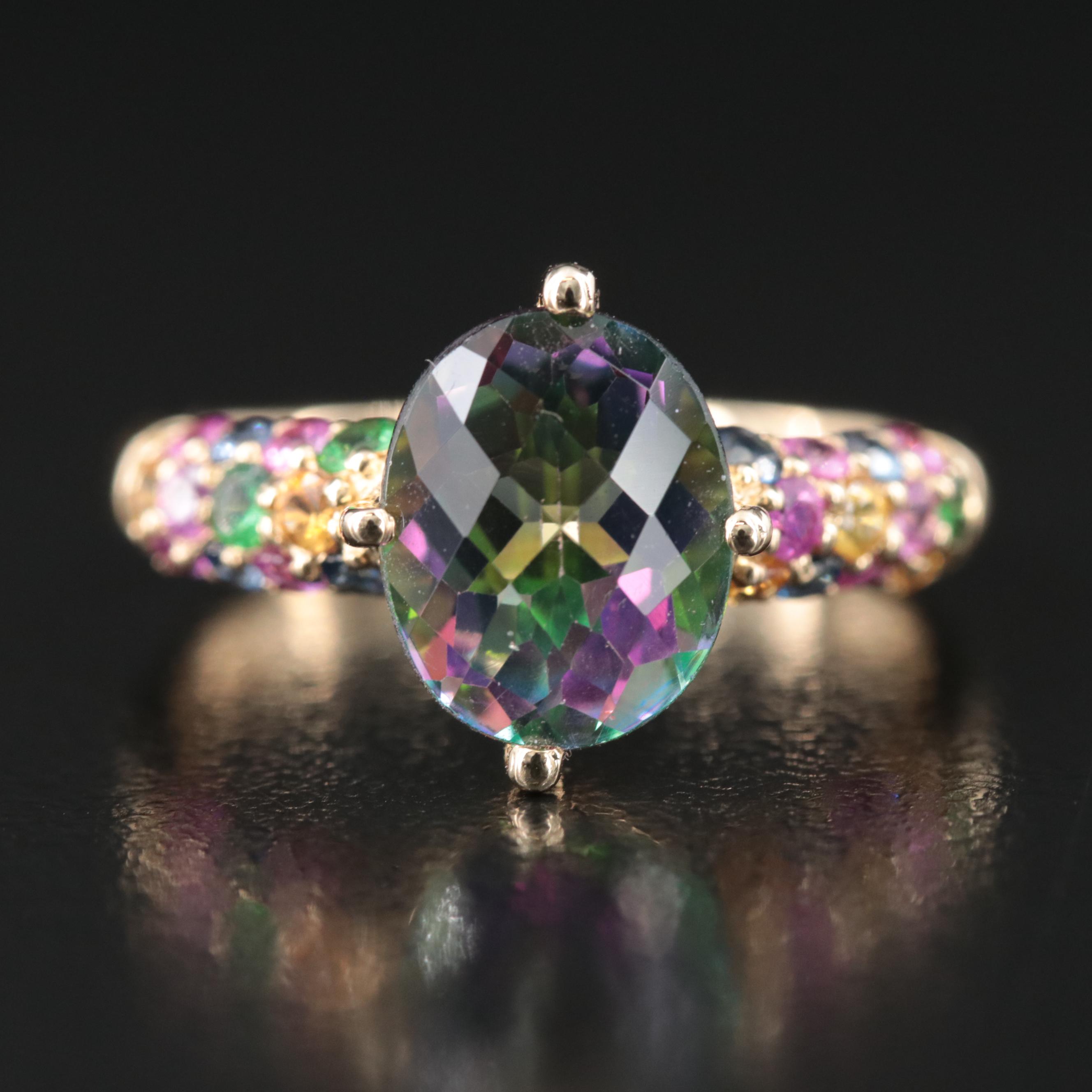 14K Mystic Topaz, Sapphire, Ruby and Tsavorite Ring