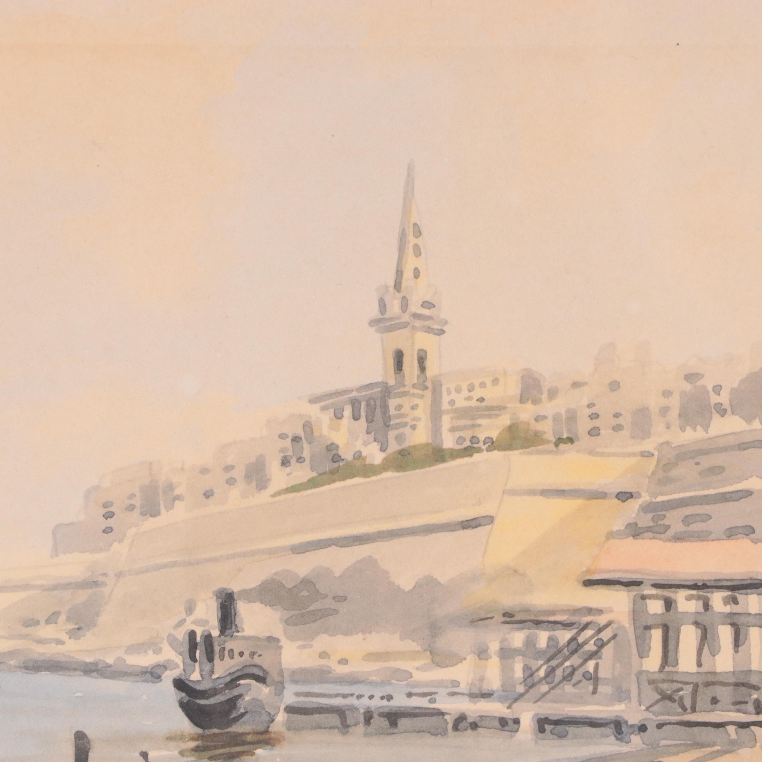 Joseph Galea Malta Cityscape Watercolor Painting, 20th Century