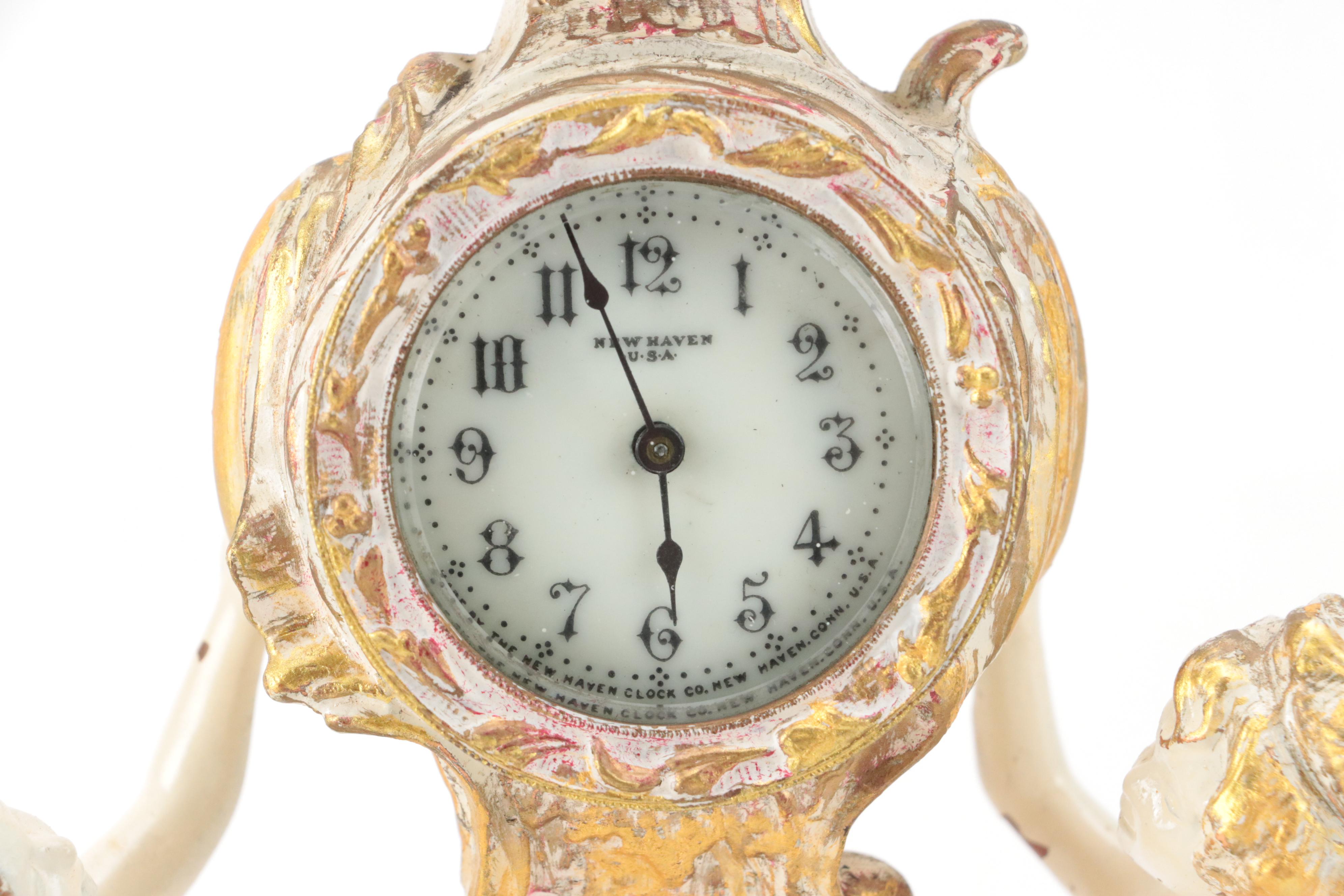 New Haven Clock Co. Painted Brass Mantel Clock with Putti Figures