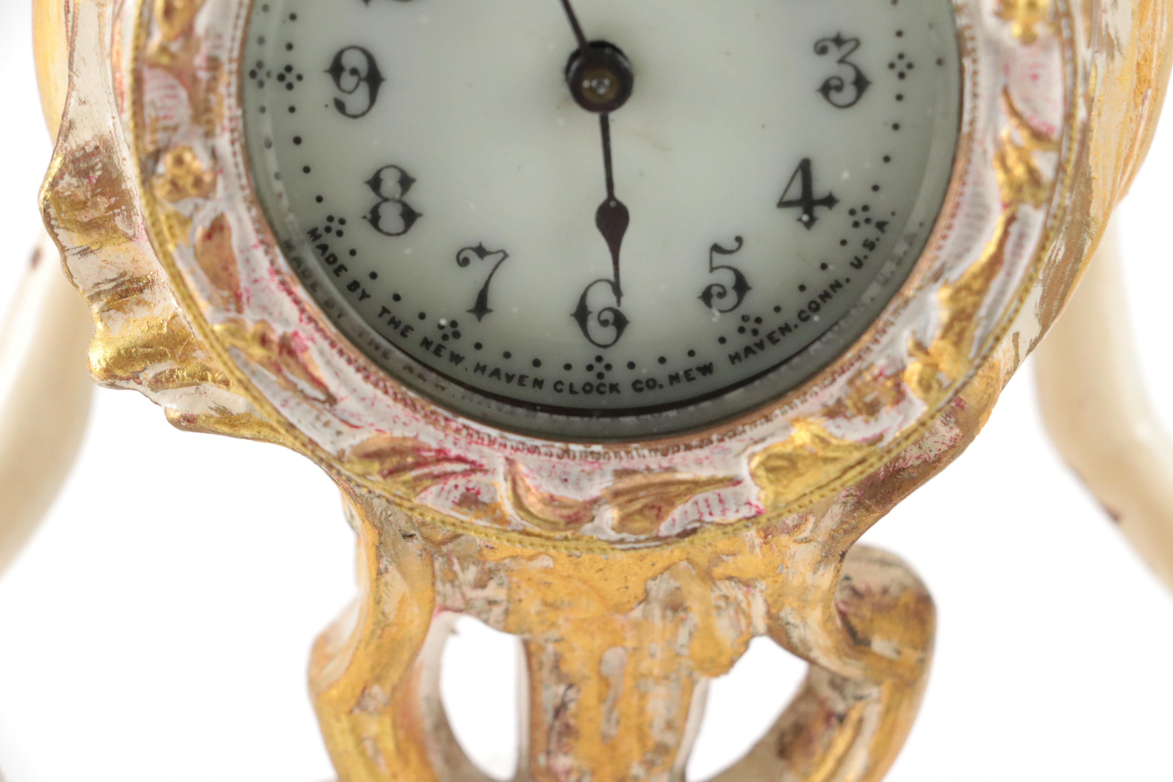 New Haven Clock Co. Painted Brass Mantel Clock with Putti Figures