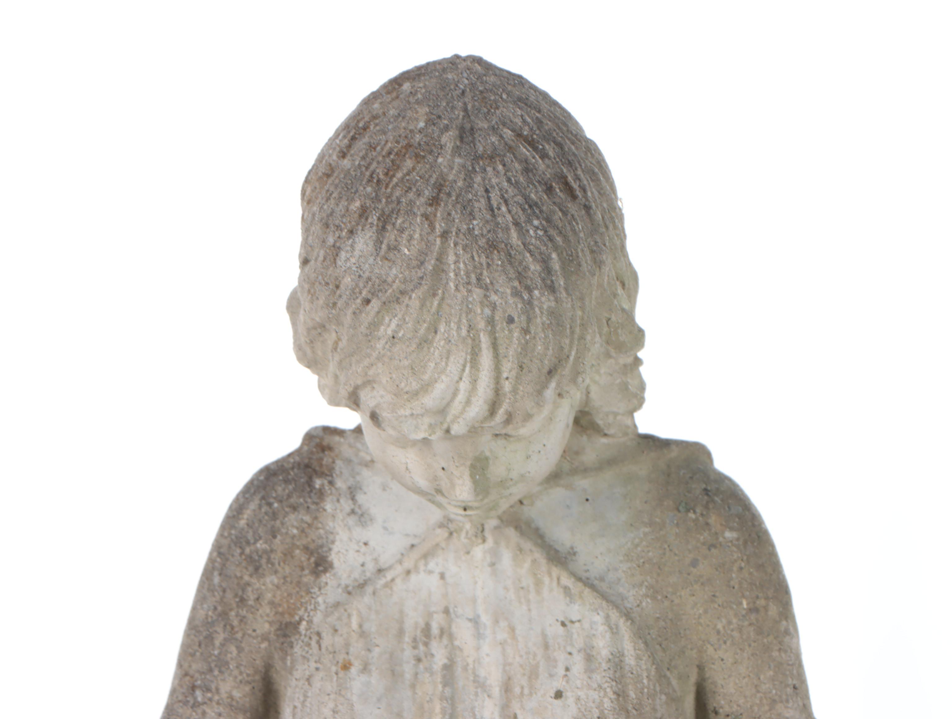 Cast Concrete Garden Statue of Figure Holding Flower on Plinth