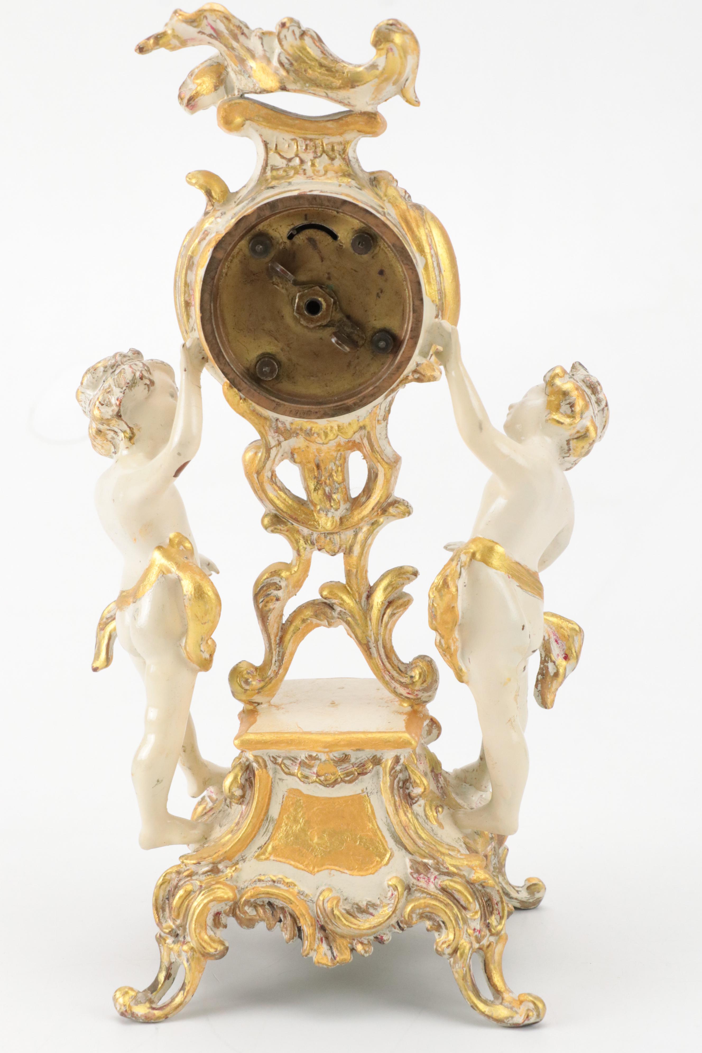 New Haven Clock Co. Painted Brass Mantel Clock with Putti Figures