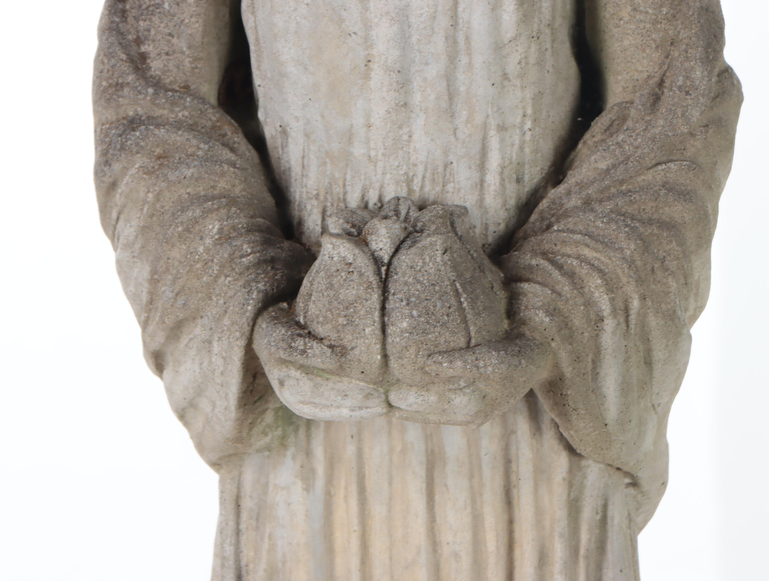 Cast Concrete Garden Statue of Figure Holding Flower on Plinth