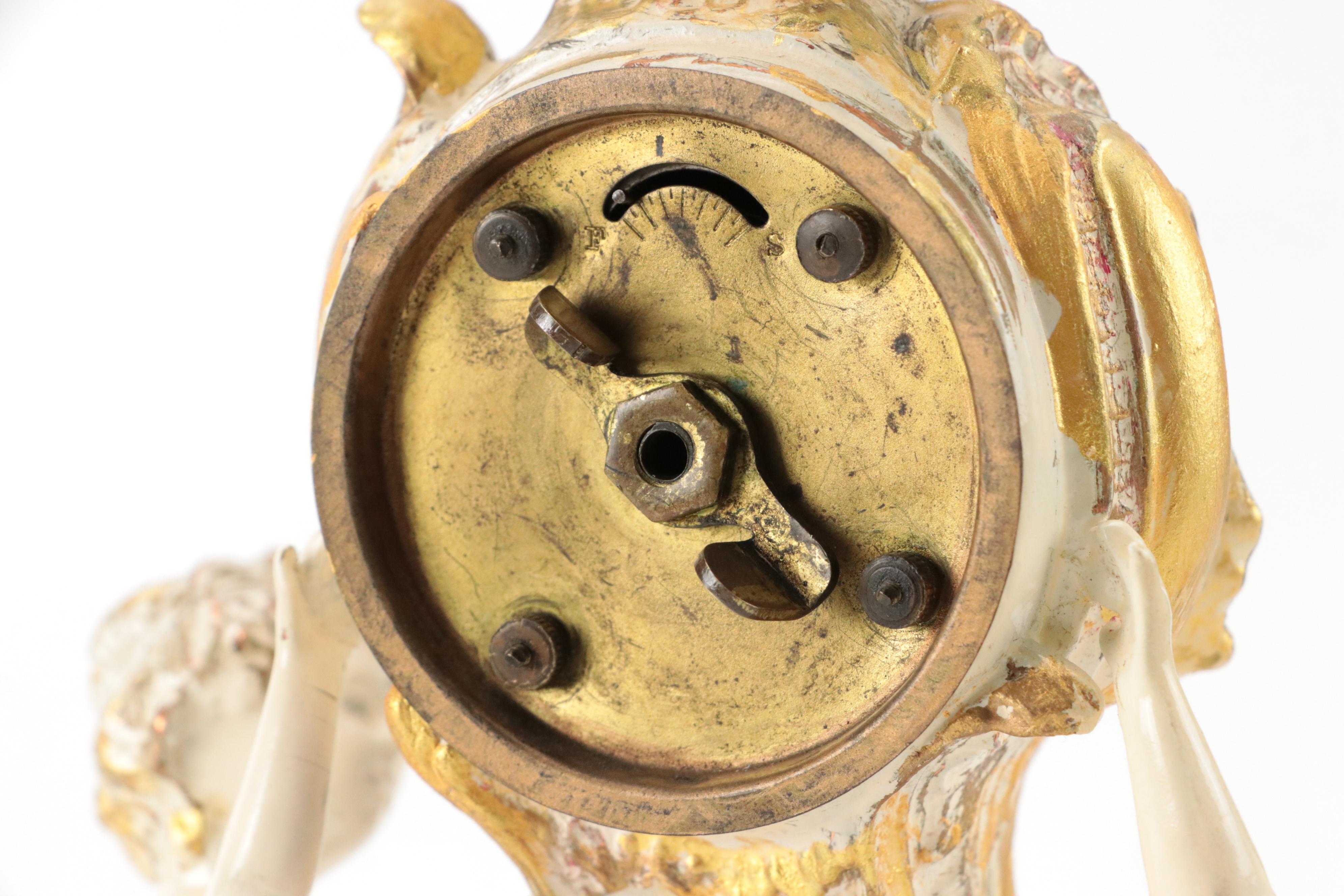 New Haven Clock Co. Painted Brass Mantel Clock with Putti Figures