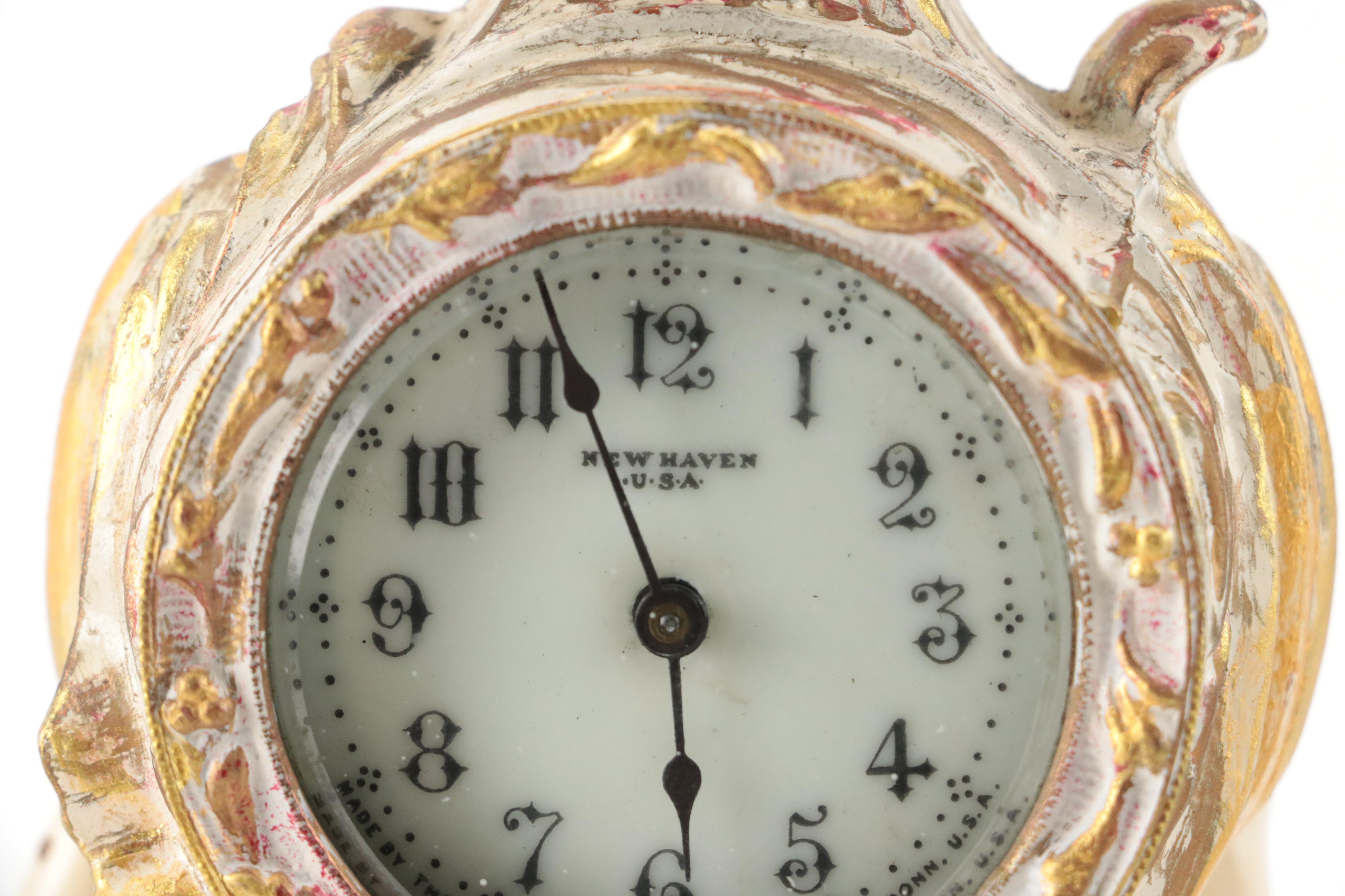 New Haven Clock Co. Painted Brass Mantel Clock with Putti Figures