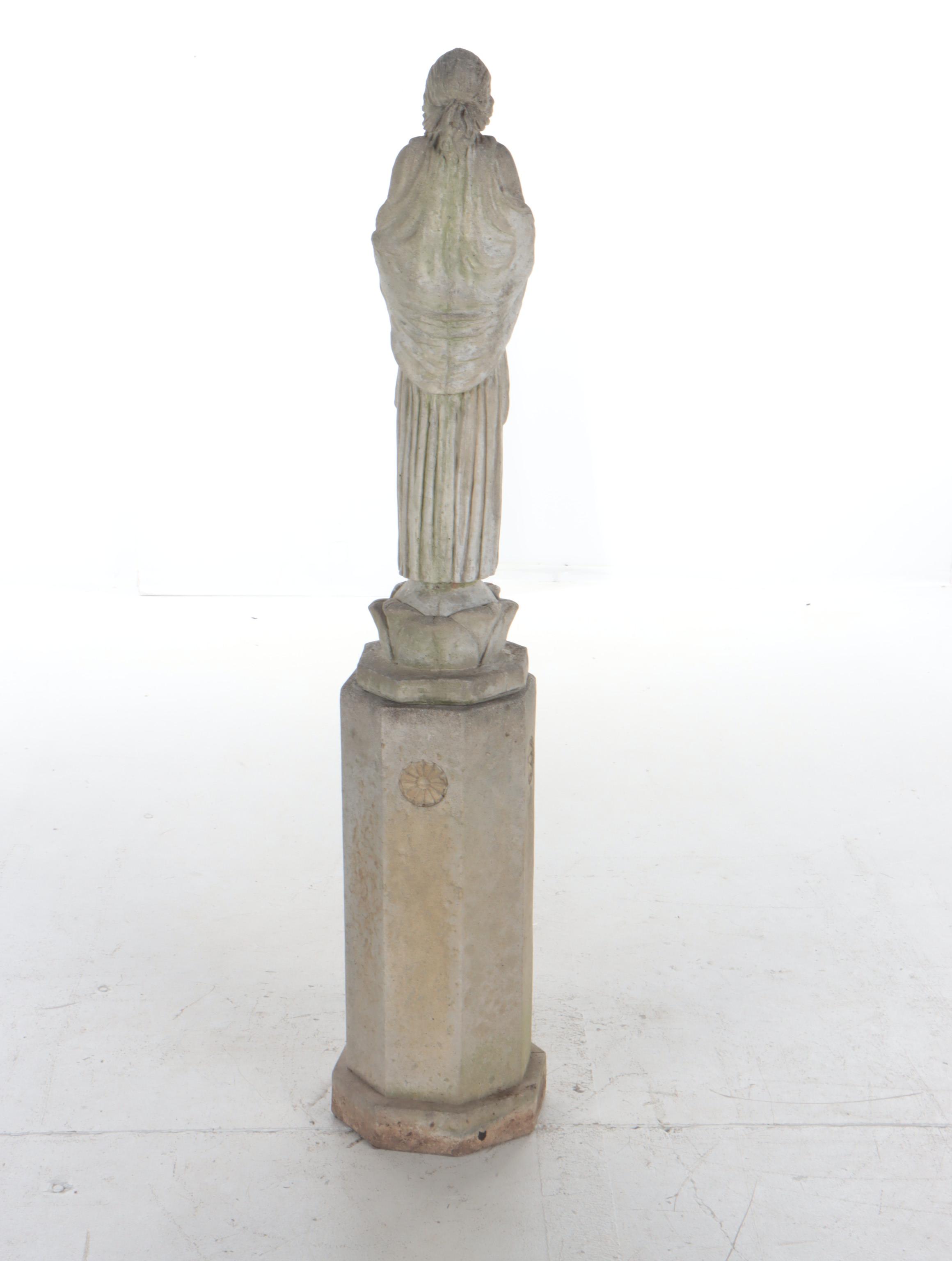 Cast Concrete Garden Statue of Figure Holding Flower on Plinth