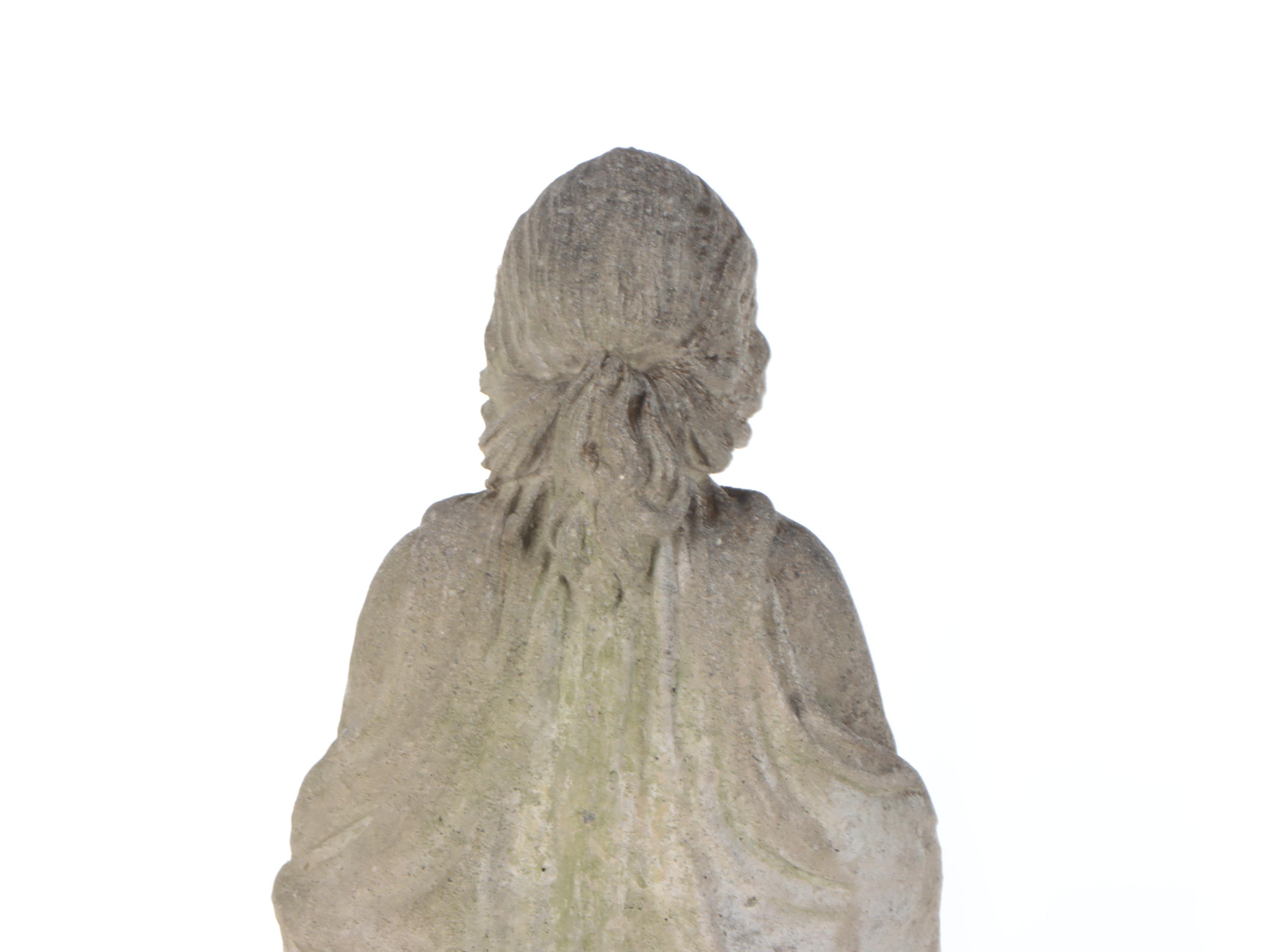 Cast Concrete Garden Statue of Figure Holding Flower on Plinth