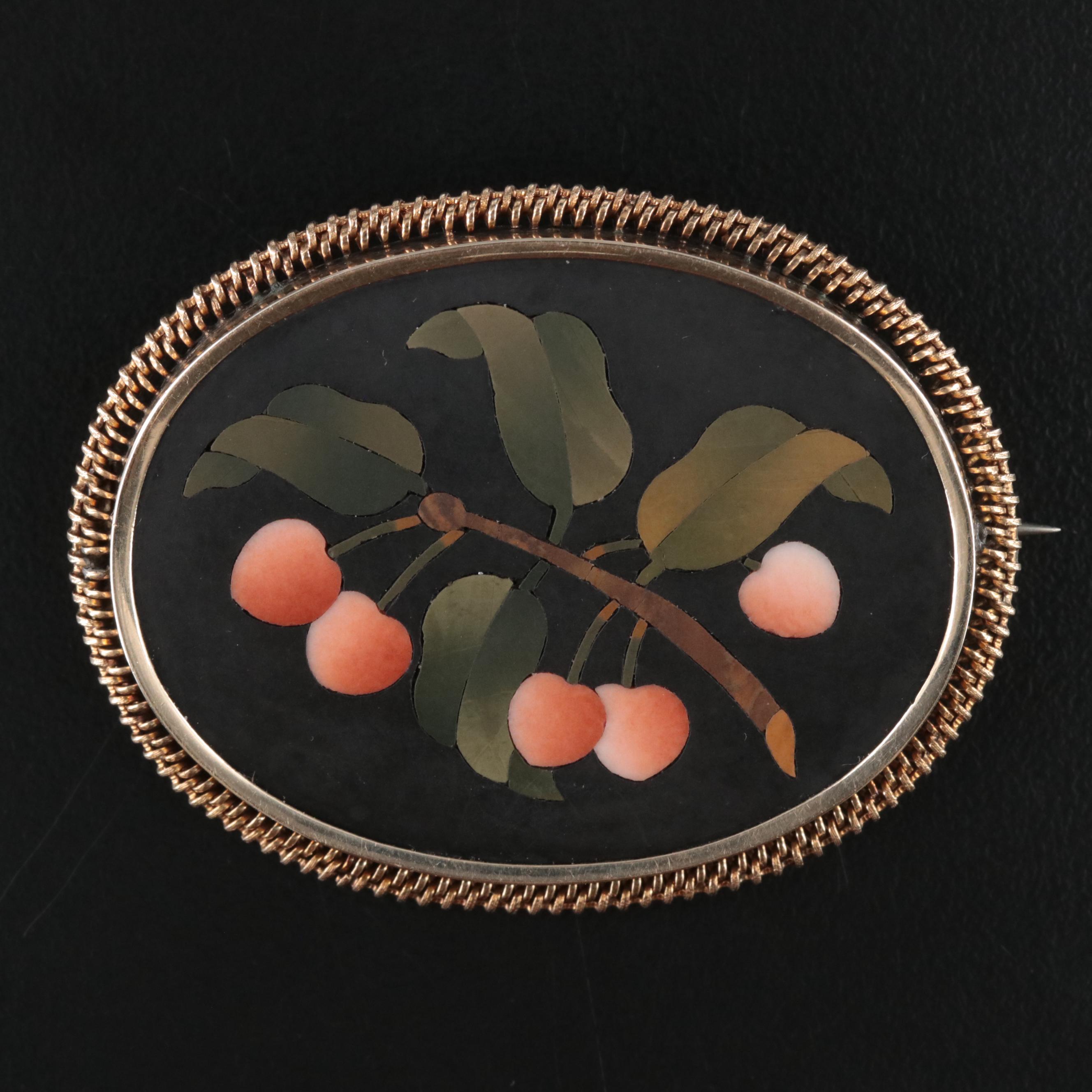 Antique 14K Black Onyx, Jasper and Serpentine Cherry Pietra Dura Brooch