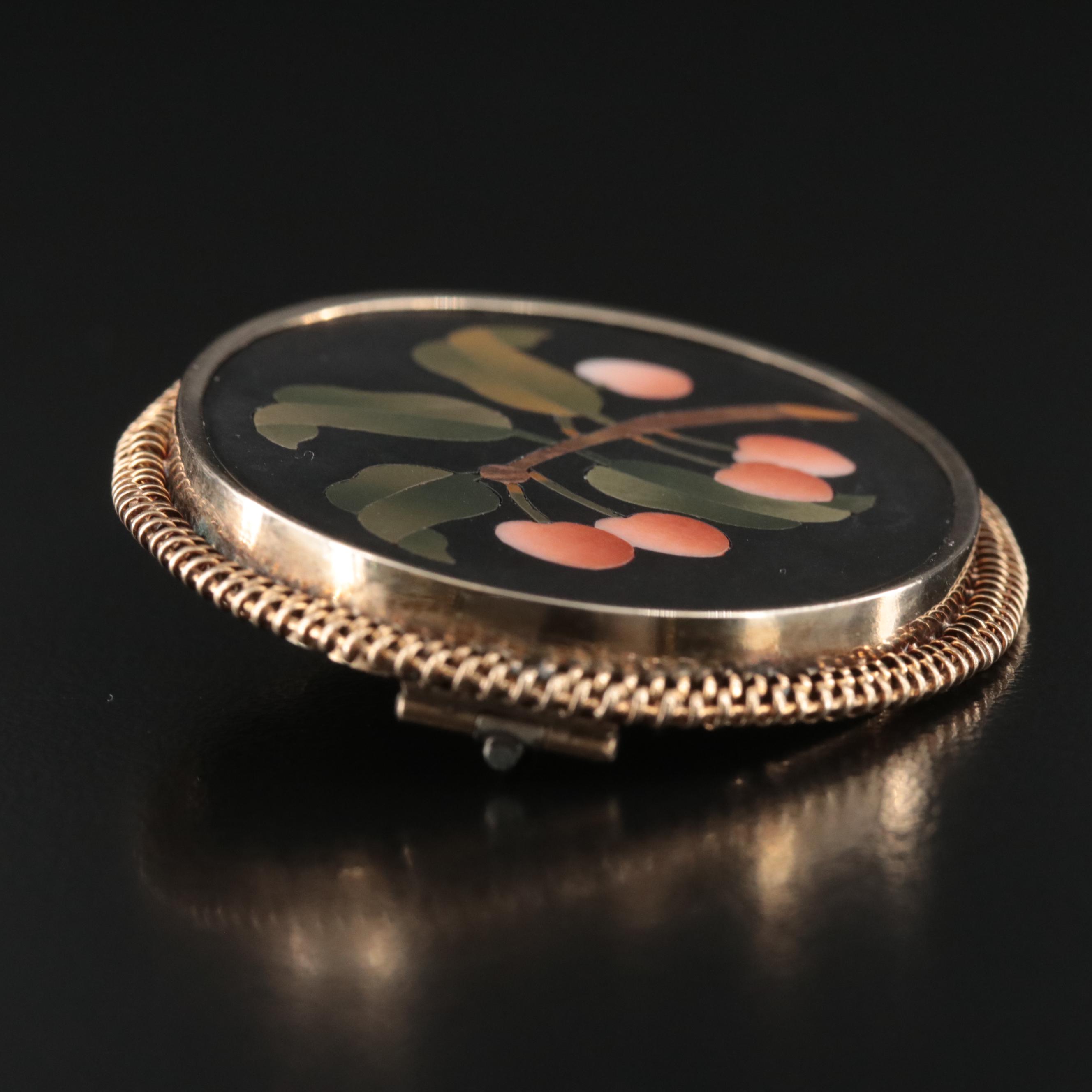 Antique 14K Black Onyx, Jasper and Serpentine Cherry Pietra Dura Brooch