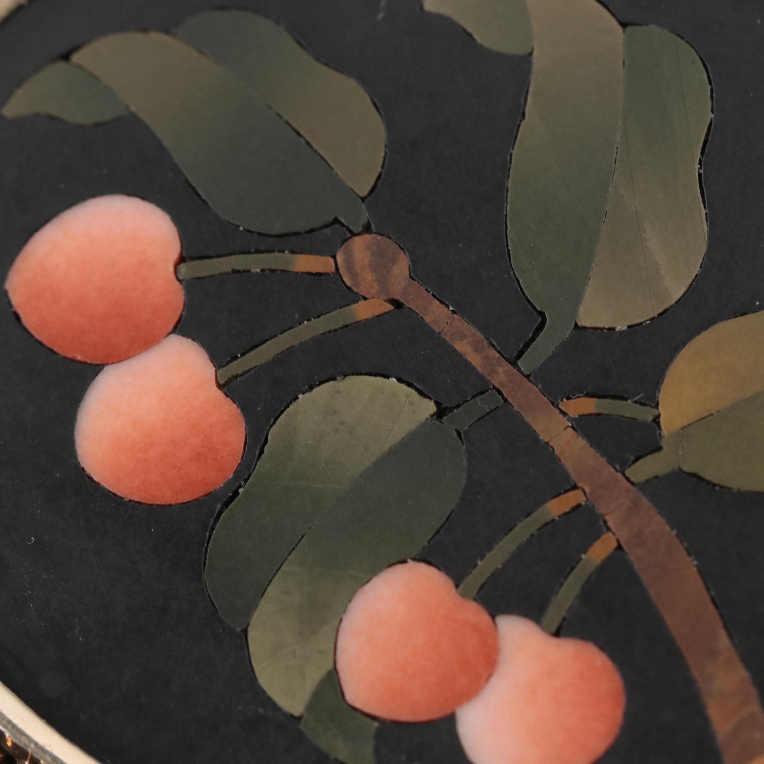 Antique 14K Black Onyx, Jasper and Serpentine Cherry Pietra Dura Brooch