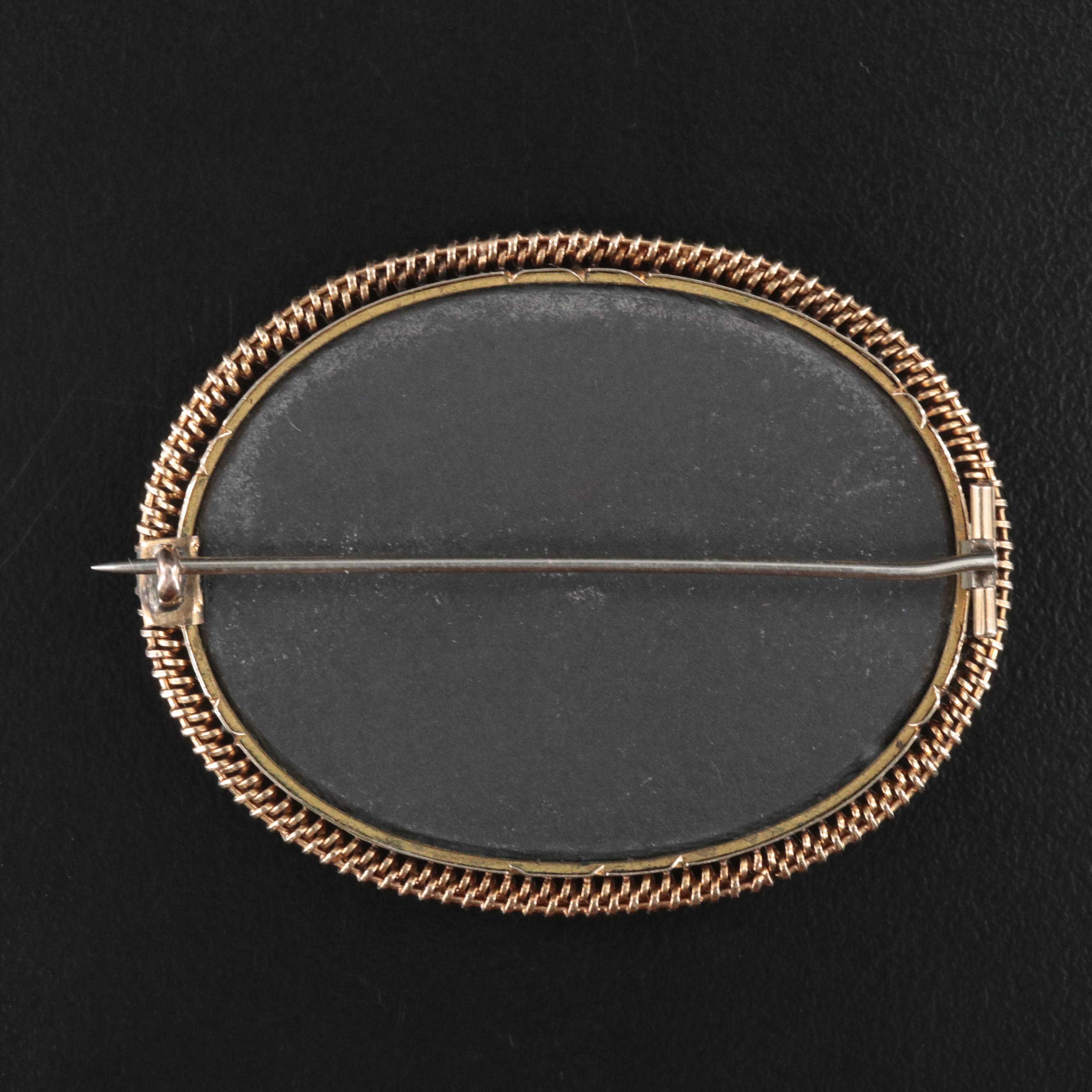 Antique 14K Black Onyx, Jasper and Serpentine Cherry Pietra Dura Brooch