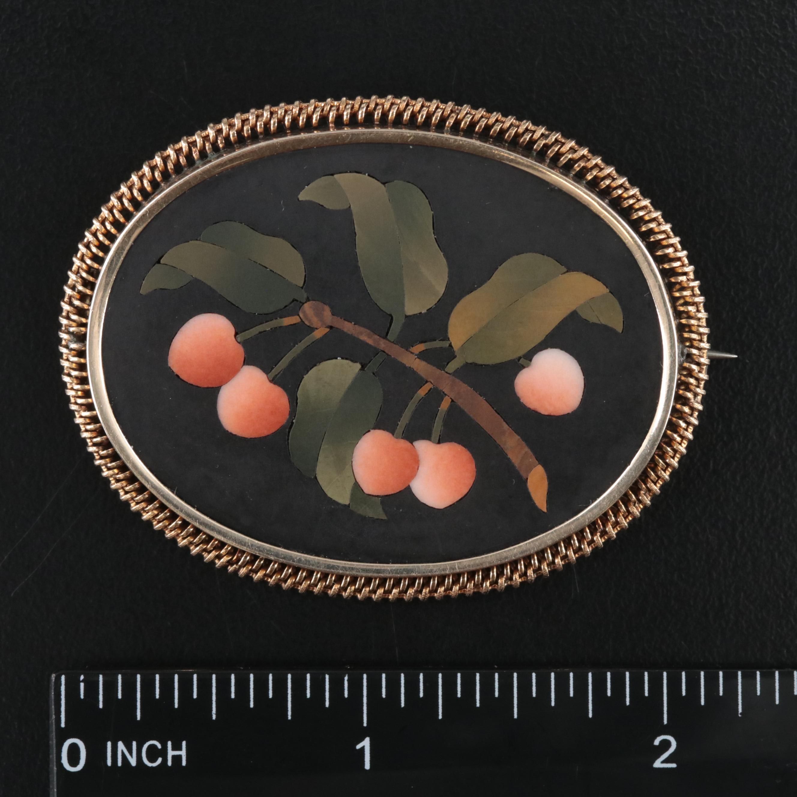 Antique 14K Black Onyx, Jasper and Serpentine Cherry Pietra Dura Brooch