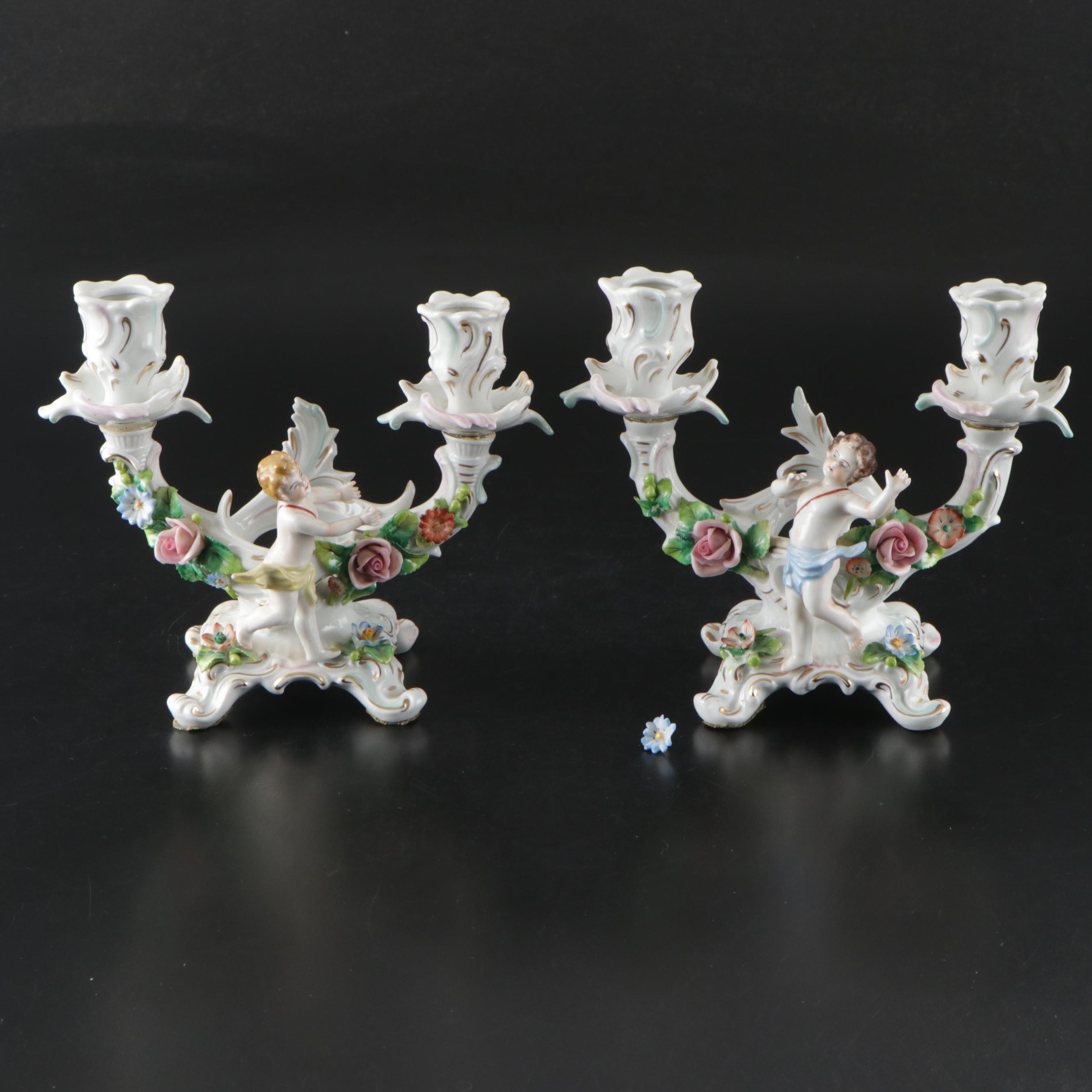 Sitzendorf Dresden Porcelain Cherub Double-Arm Candlesticks