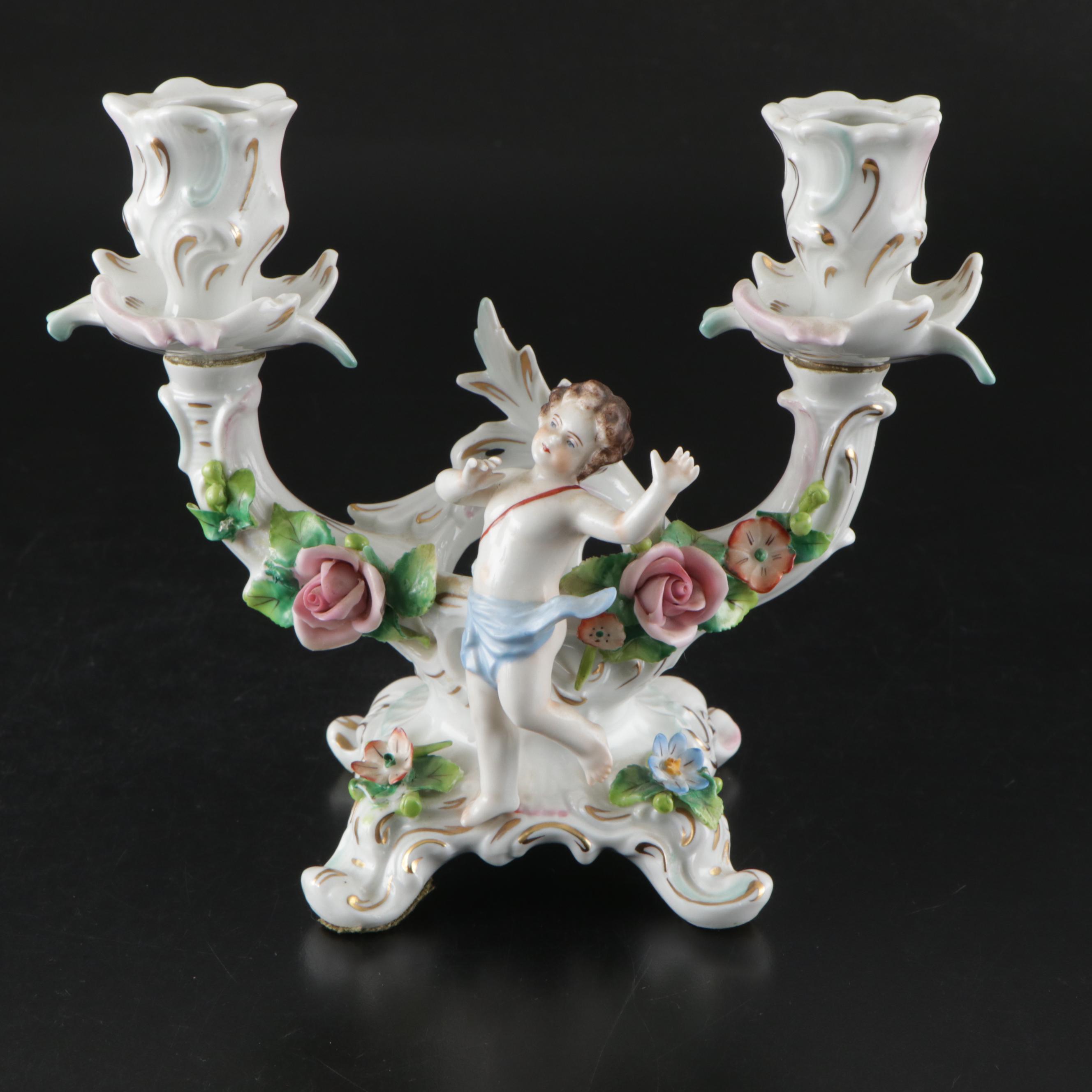 Sitzendorf Dresden Porcelain Cherub Double-Arm Candlesticks
