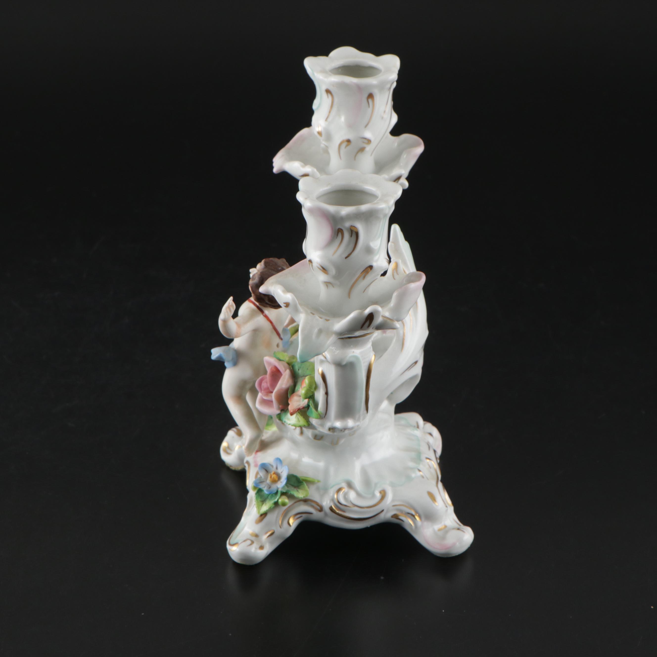 Sitzendorf Dresden Porcelain Cherub Double-Arm Candlesticks