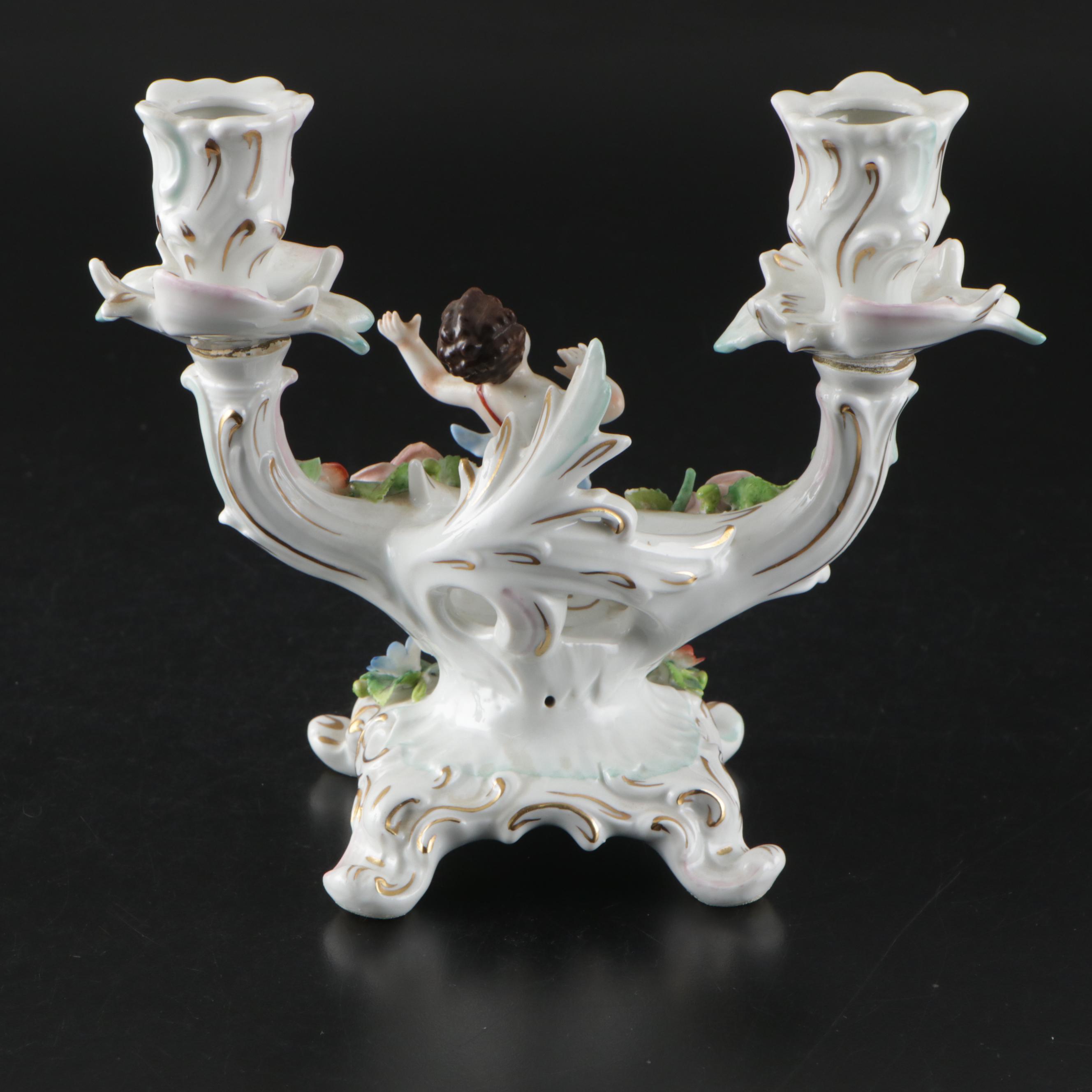 Sitzendorf Dresden Porcelain Cherub Double-Arm Candlesticks