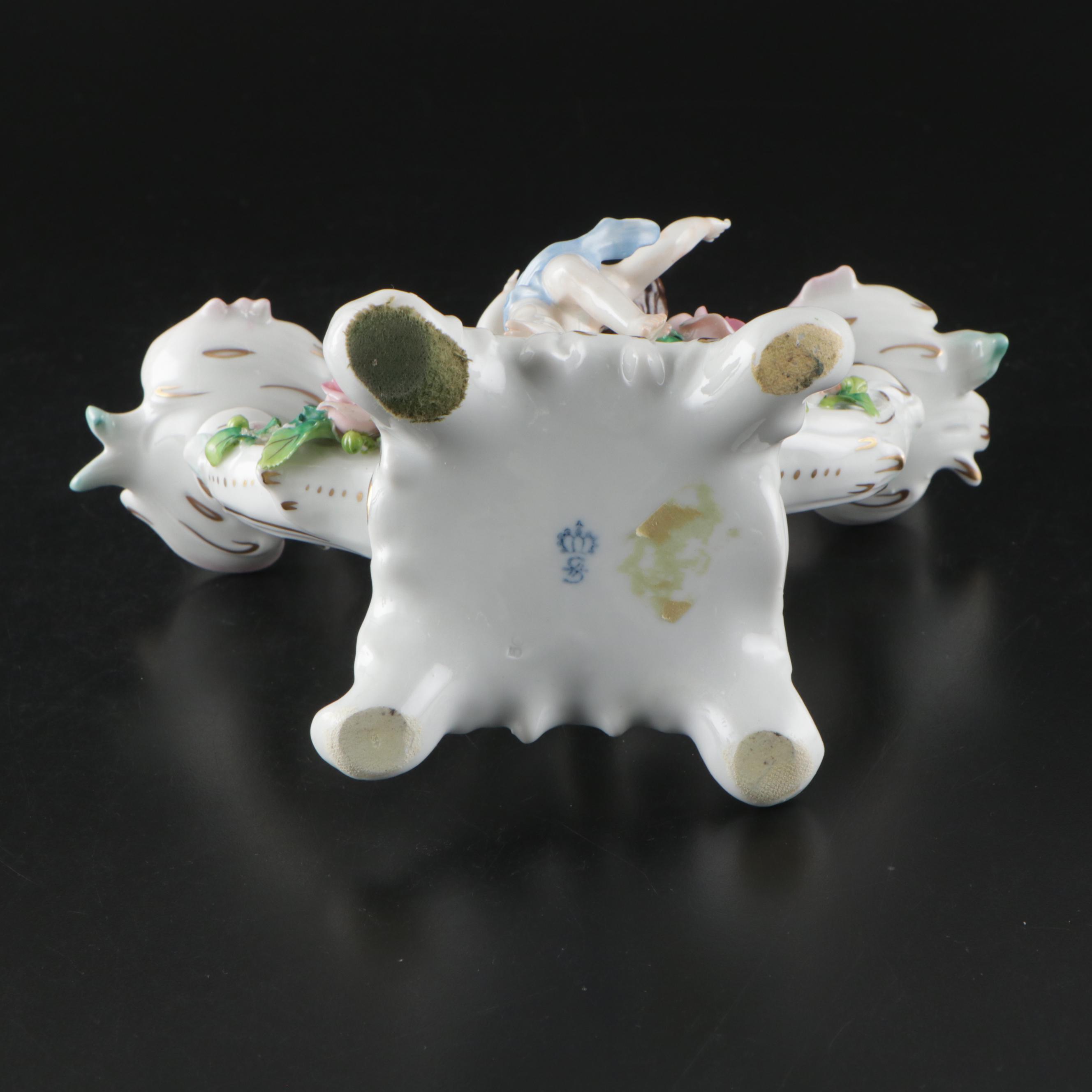 Sitzendorf Dresden Porcelain Cherub Double-Arm Candlesticks
