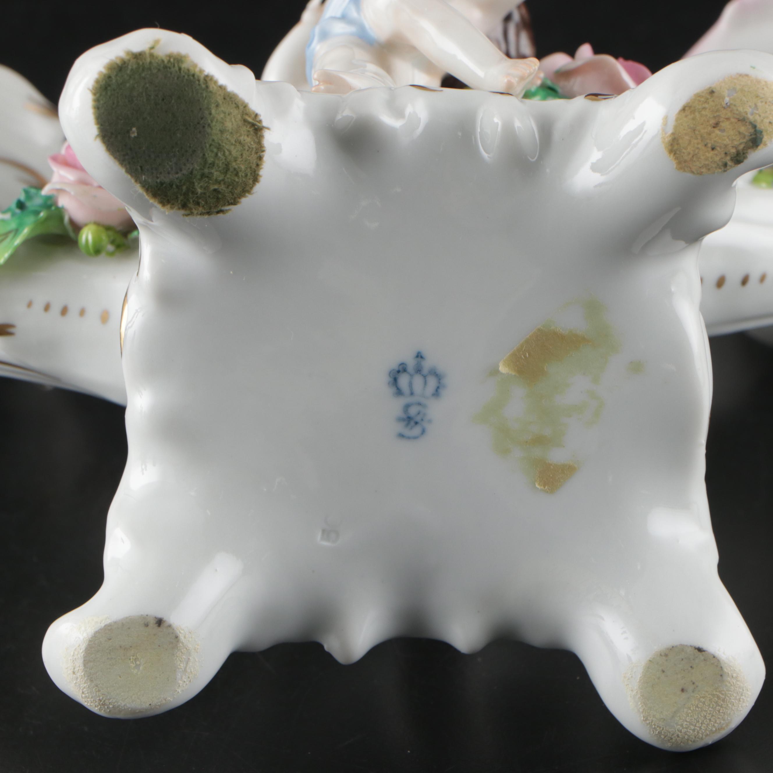 Sitzendorf Dresden Porcelain Cherub Double-Arm Candlesticks
