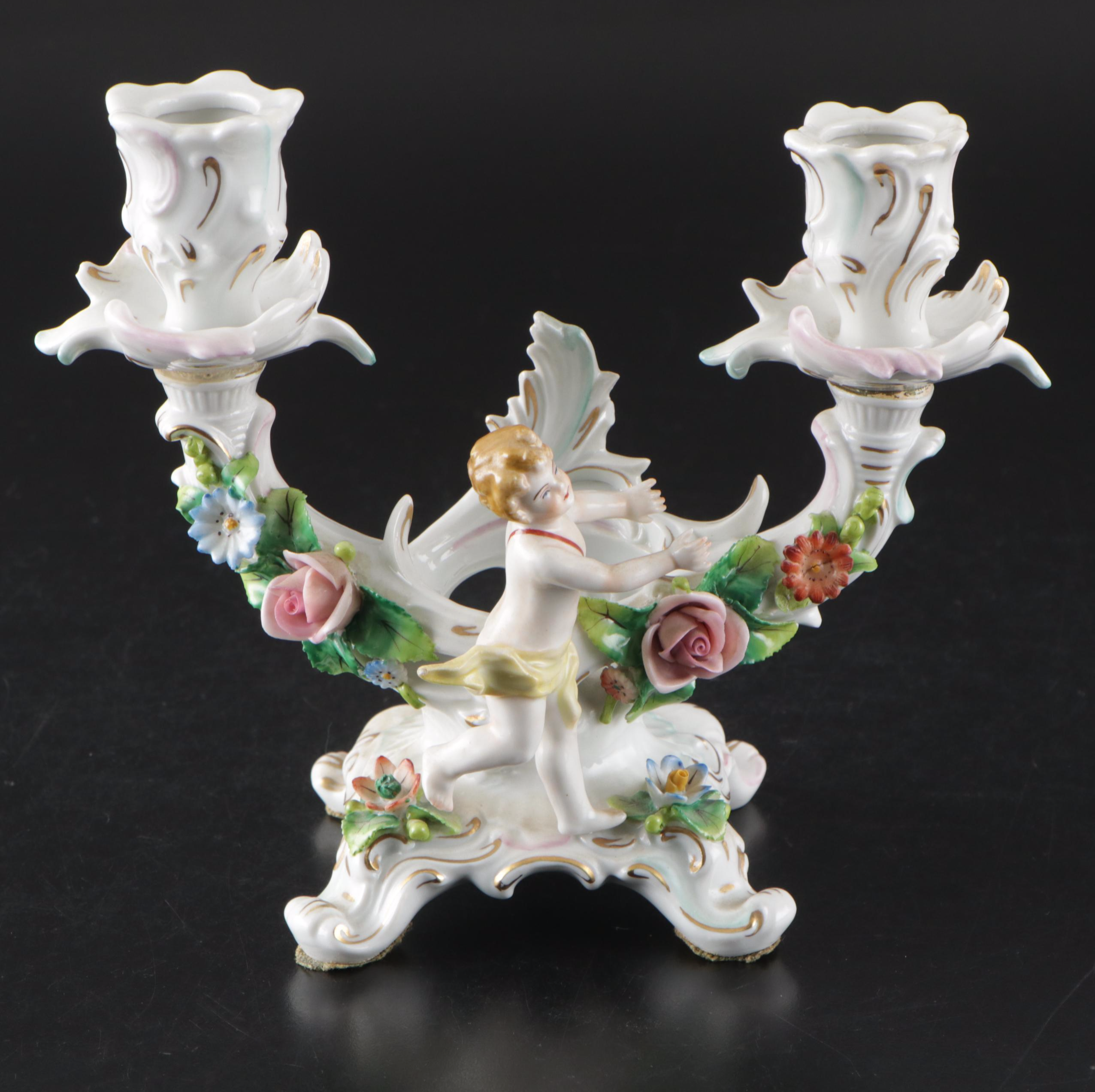 Sitzendorf Dresden Porcelain Cherub Double-Arm Candlesticks