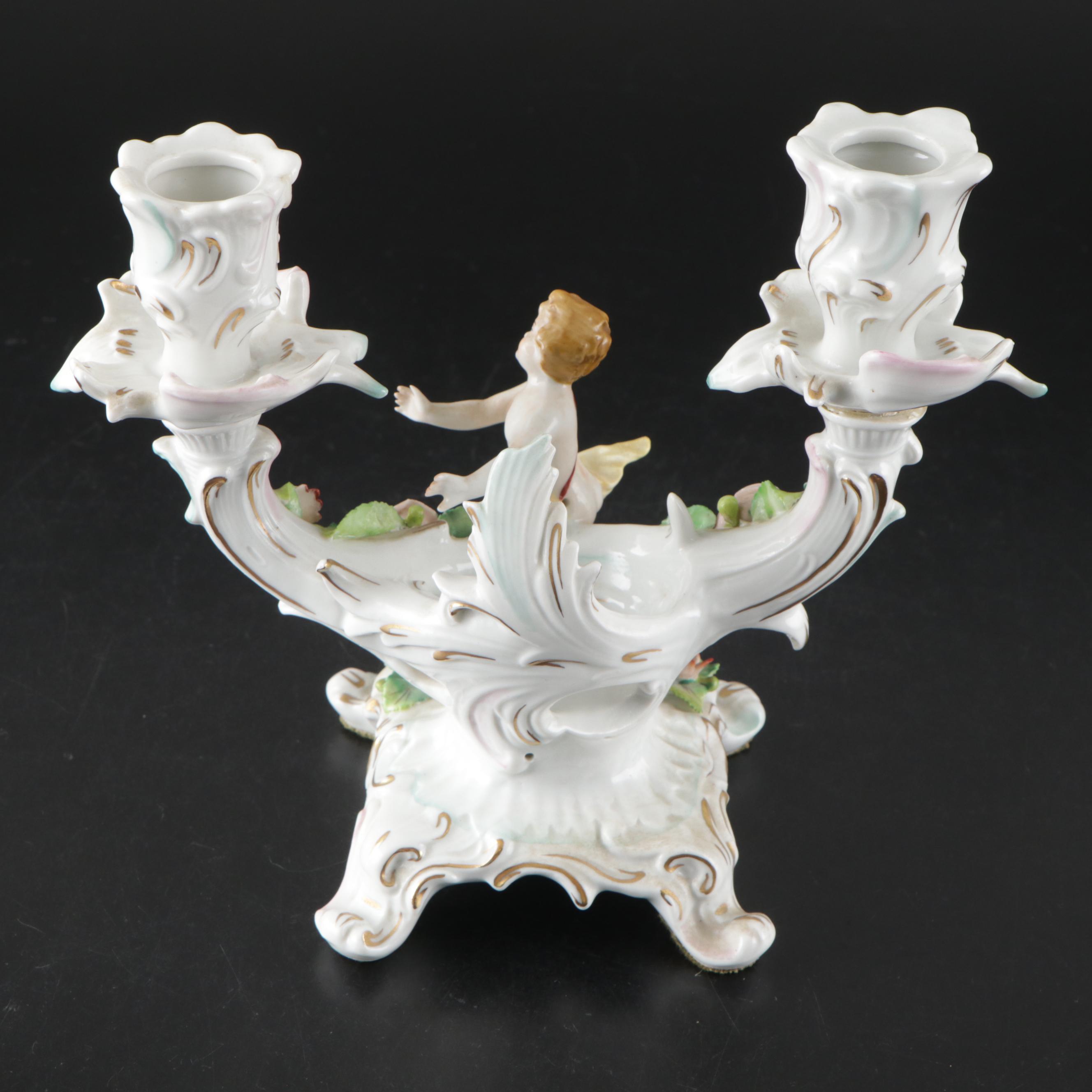 Sitzendorf Dresden Porcelain Cherub Double-Arm Candlesticks