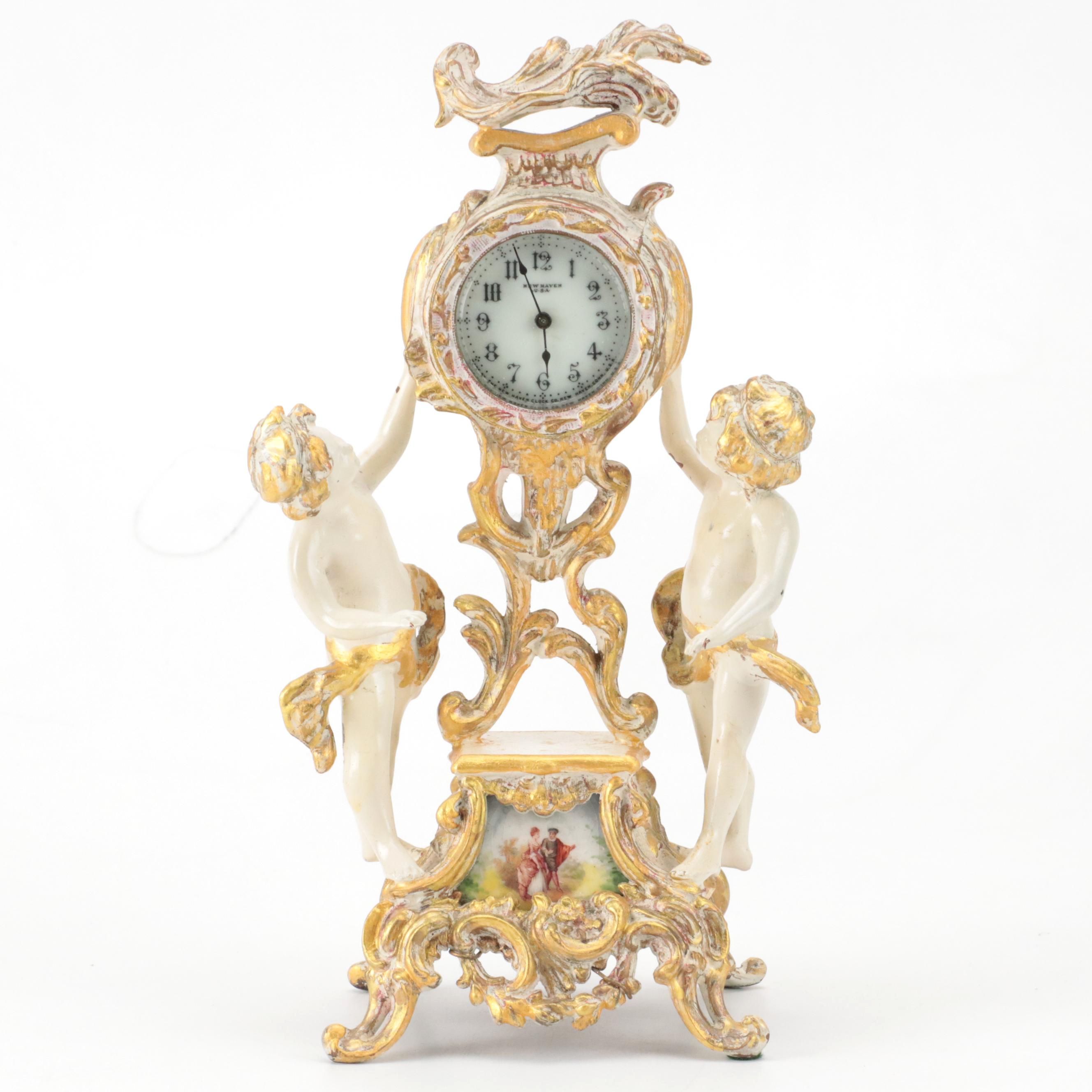 New Haven Clock Co. Painted Brass Mantel Clock with Putti Figures