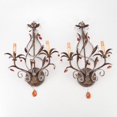 Currey & Co. Beaded Metal Wall Sconces with Amber Glass Prisms