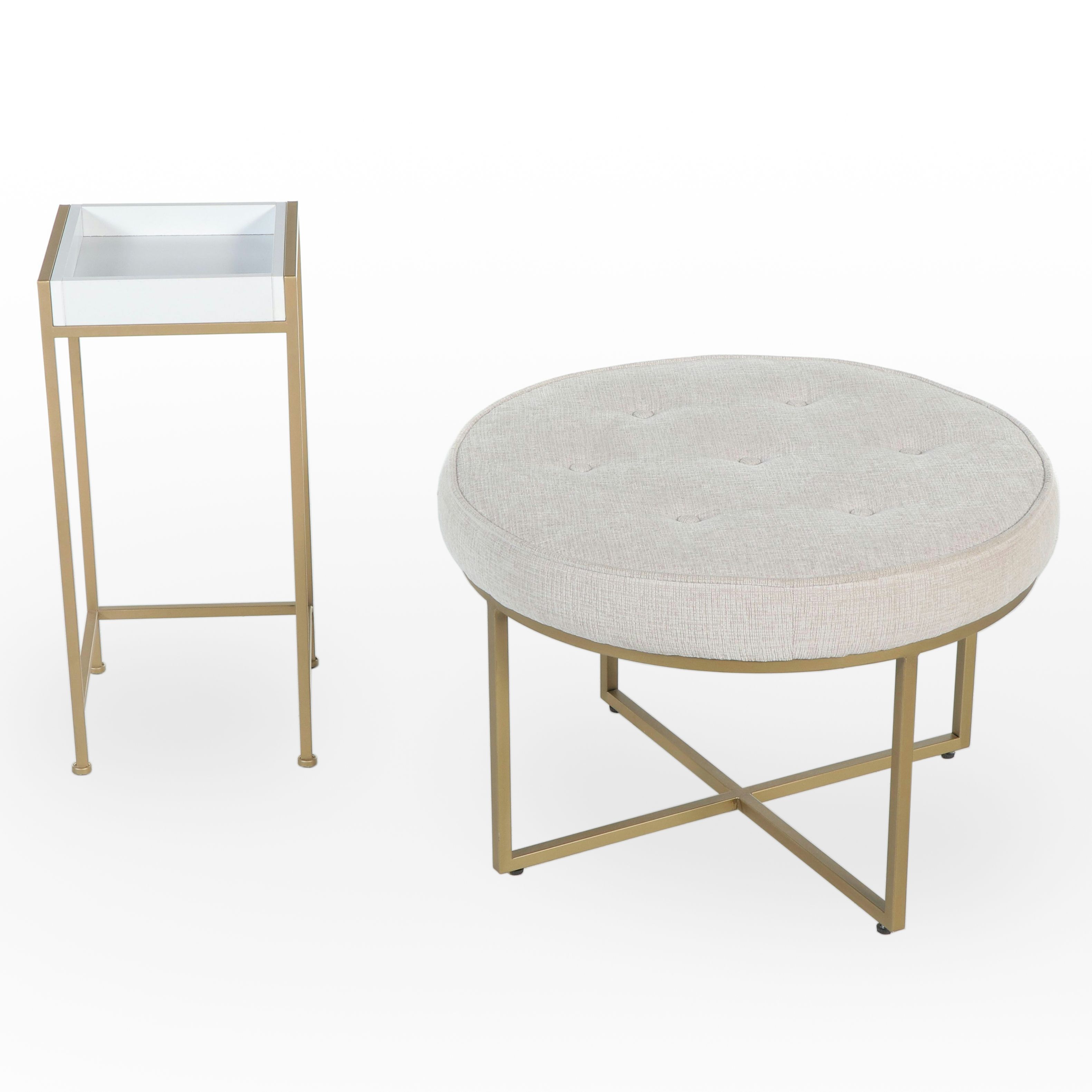 Contemporary Upholstered Metal Ottoman with Side Table
