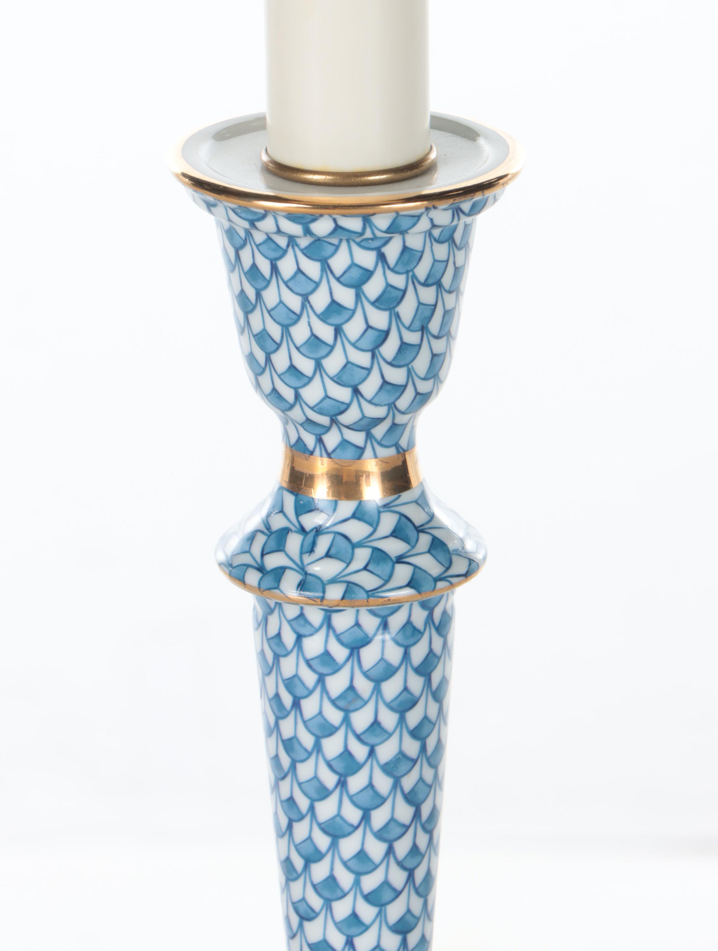 Frederick Cooper Blue Fish Scale Porcelain Candlestick Table Lamp, Late 20th C