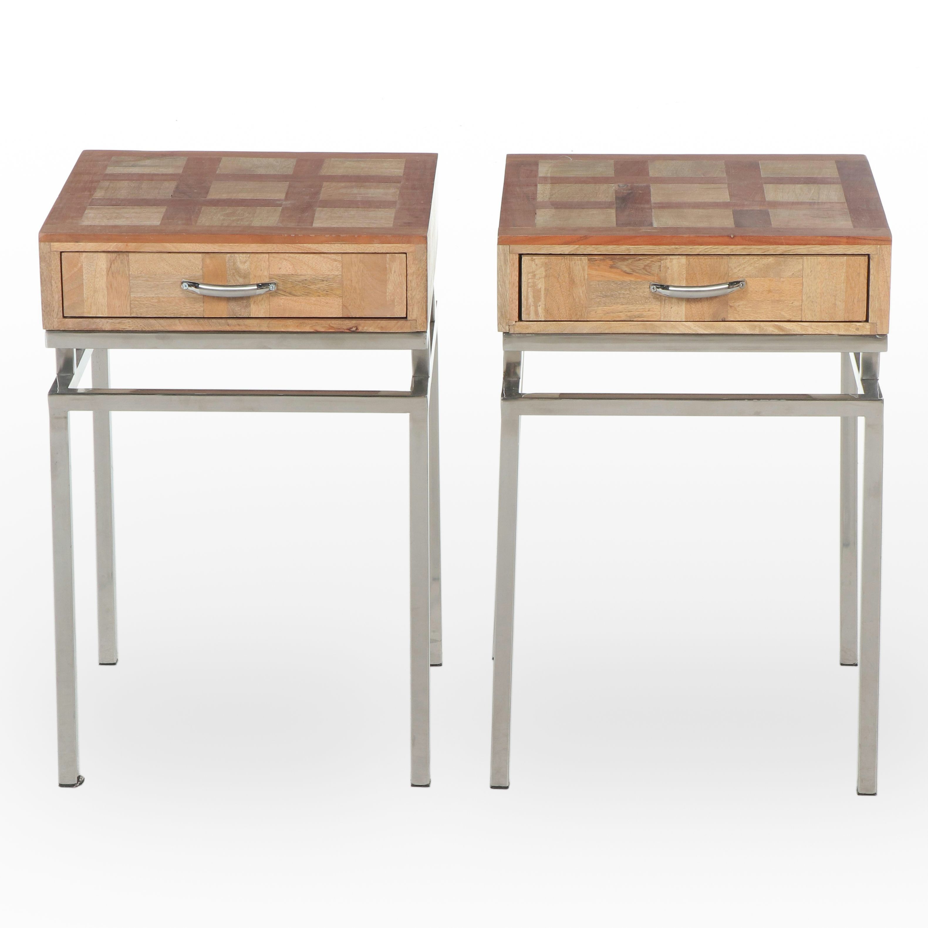 Pair of Modern Teak and Chromed Metal End Tables