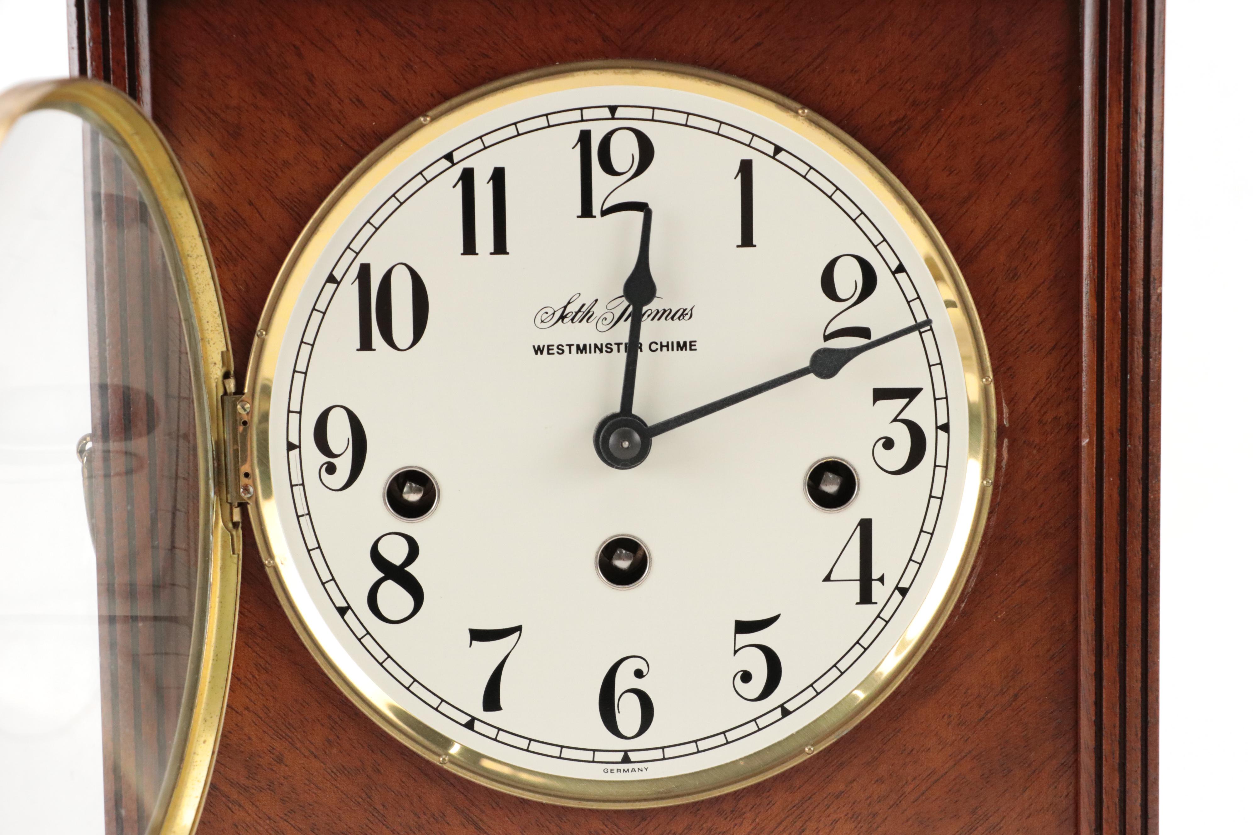 Seth Thomas "Monticello" Marquetry Westminster Chime Mantel Clock, Late 20th C.