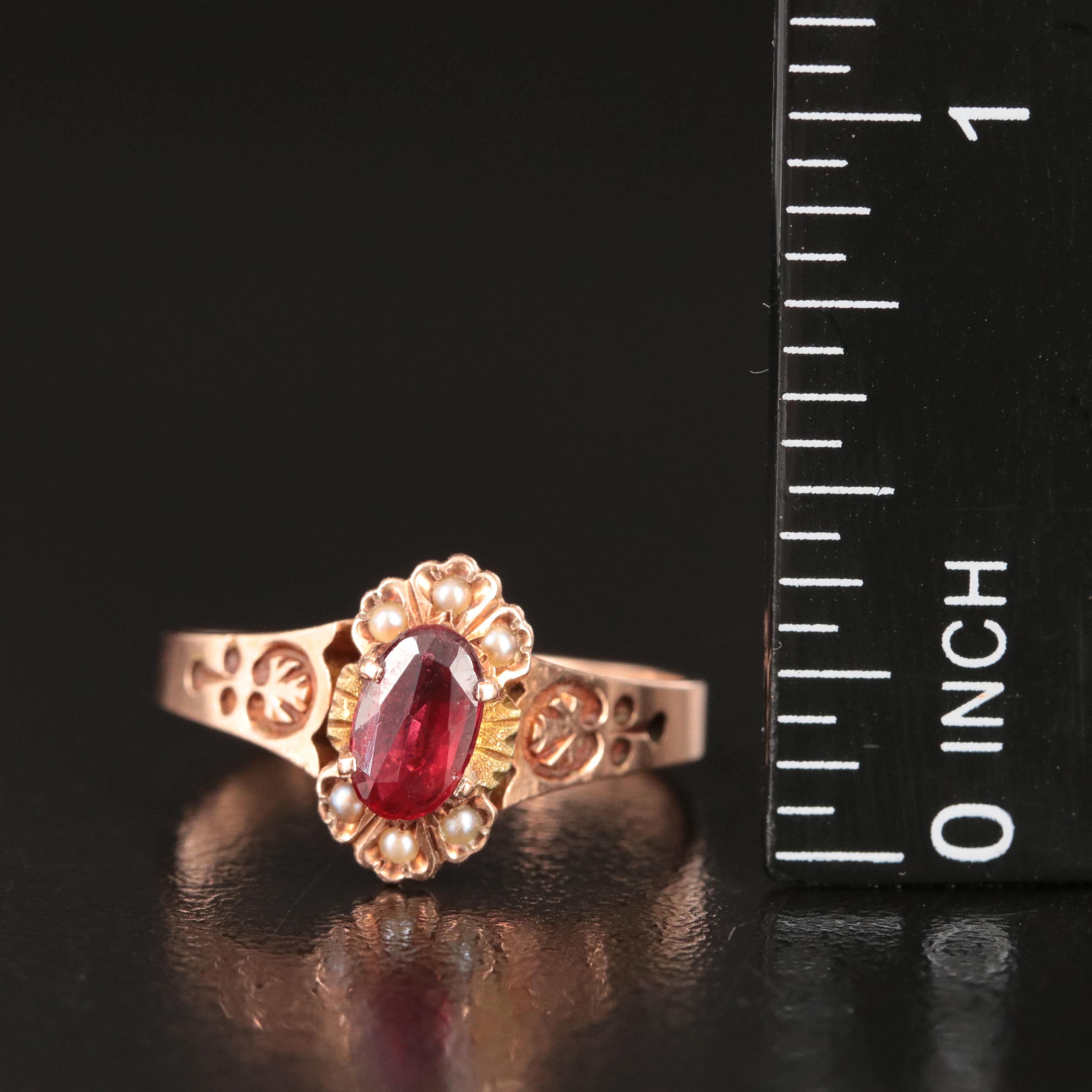 Victorian 10K Garnet Glass Doublet and Seed Pearl Ring