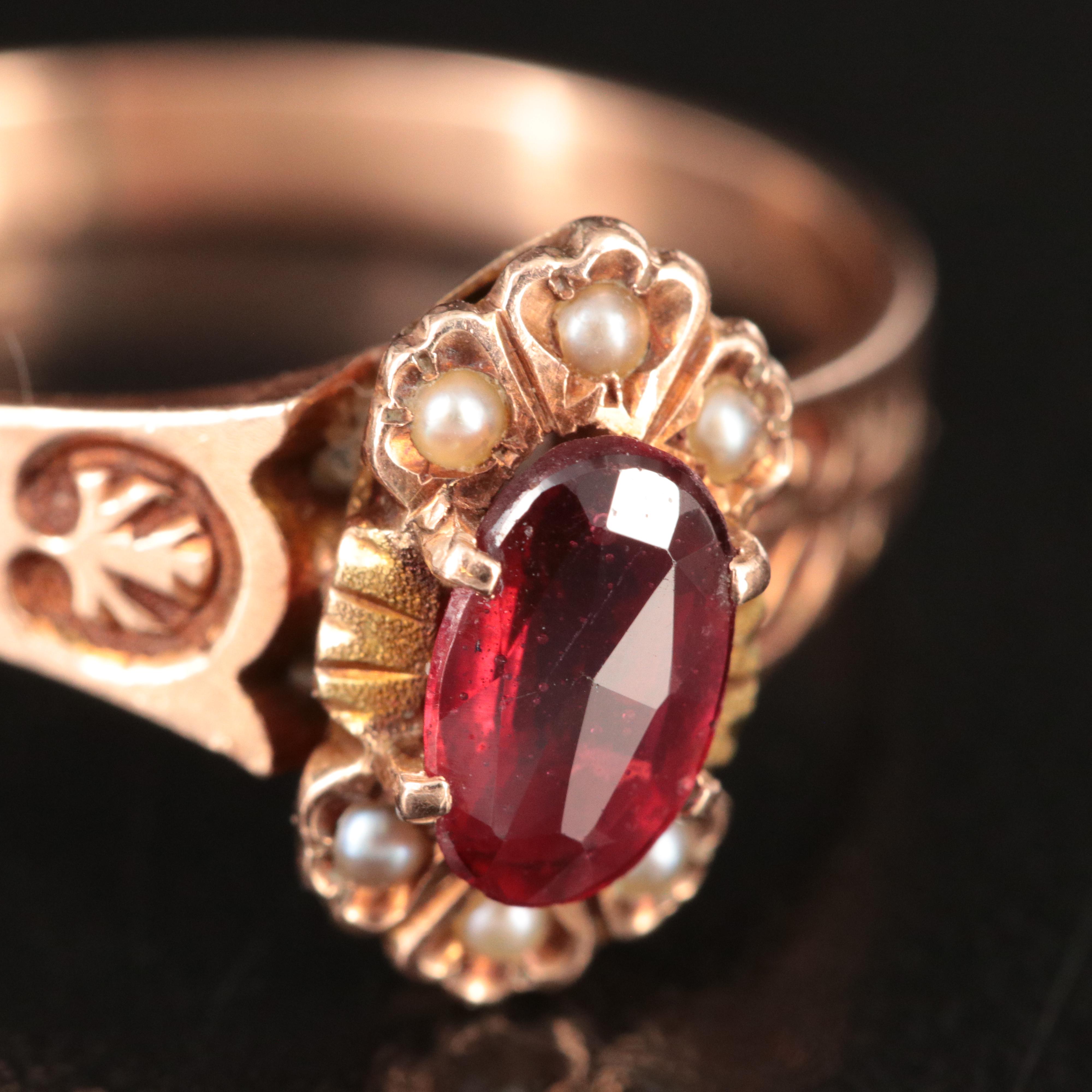 Victorian 10K Garnet Glass Doublet and Seed Pearl Ring