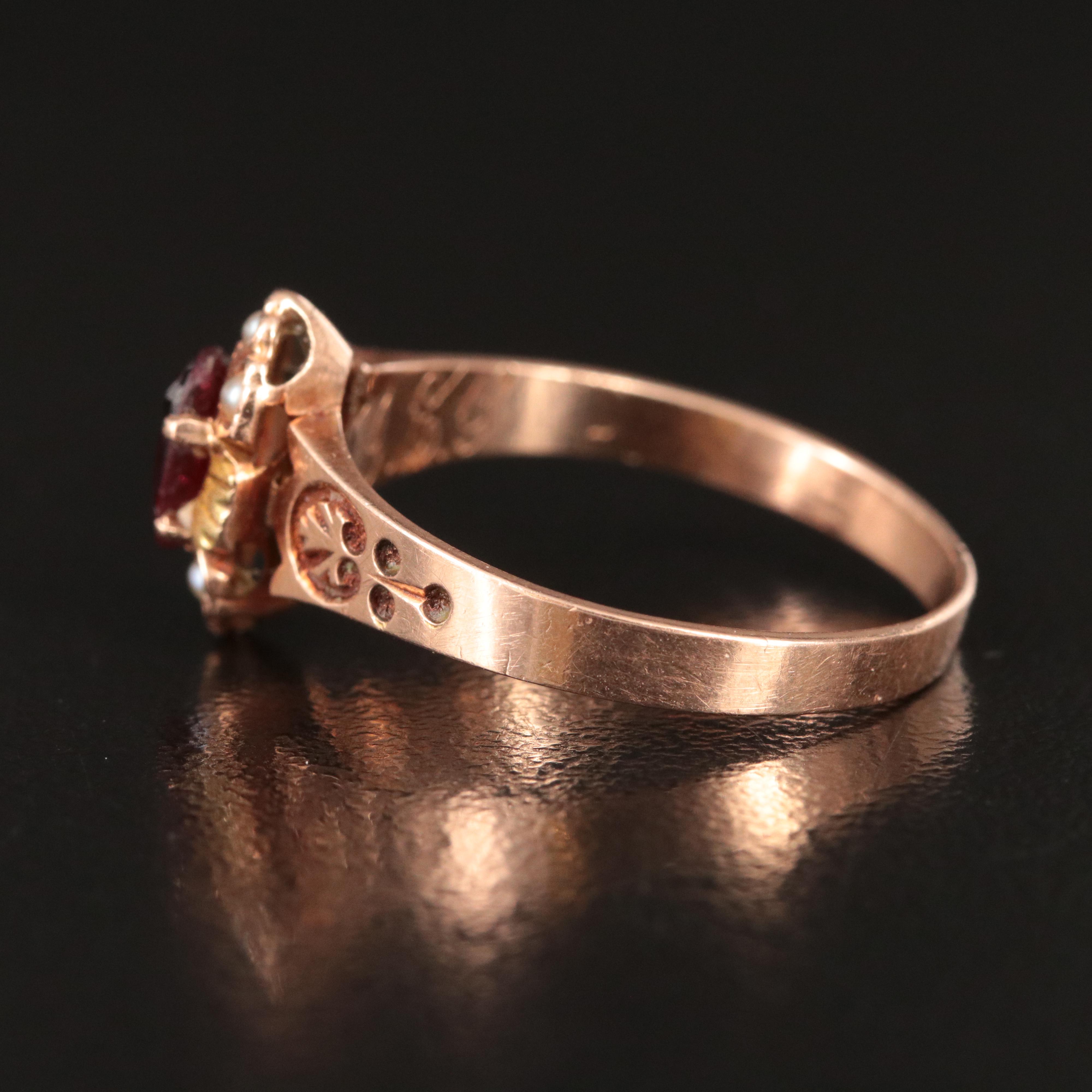 Victorian 10K Garnet Glass Doublet and Seed Pearl Ring