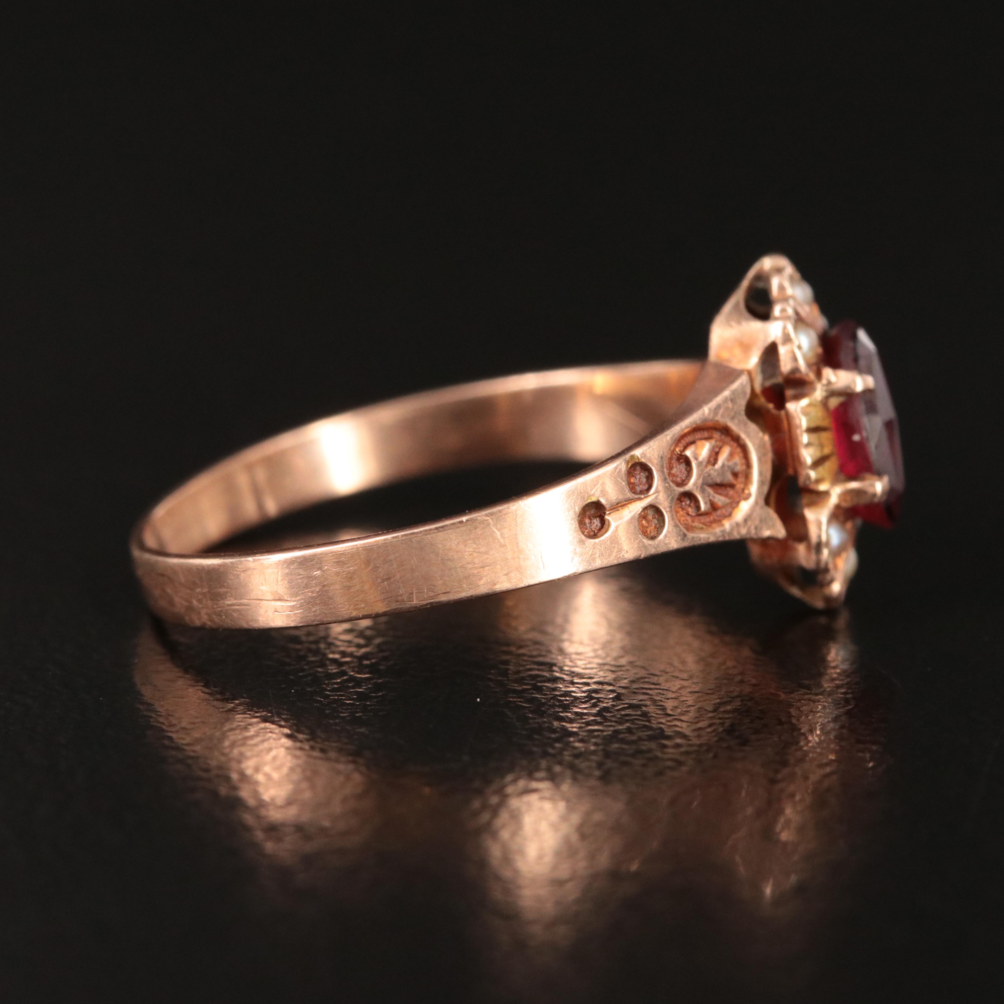 Victorian 10K Garnet Glass Doublet and Seed Pearl Ring