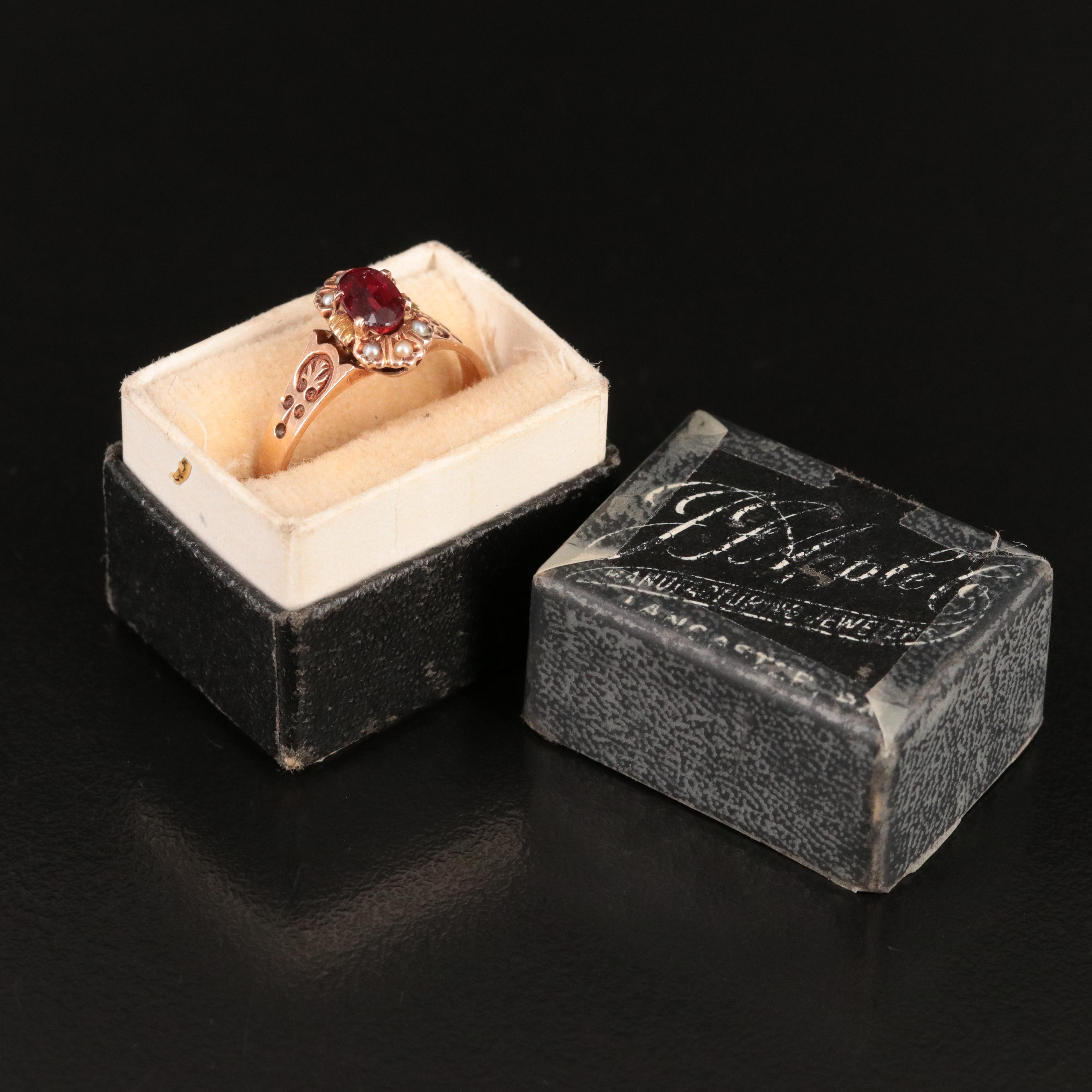Victorian 10K Garnet Glass Doublet and Seed Pearl Ring