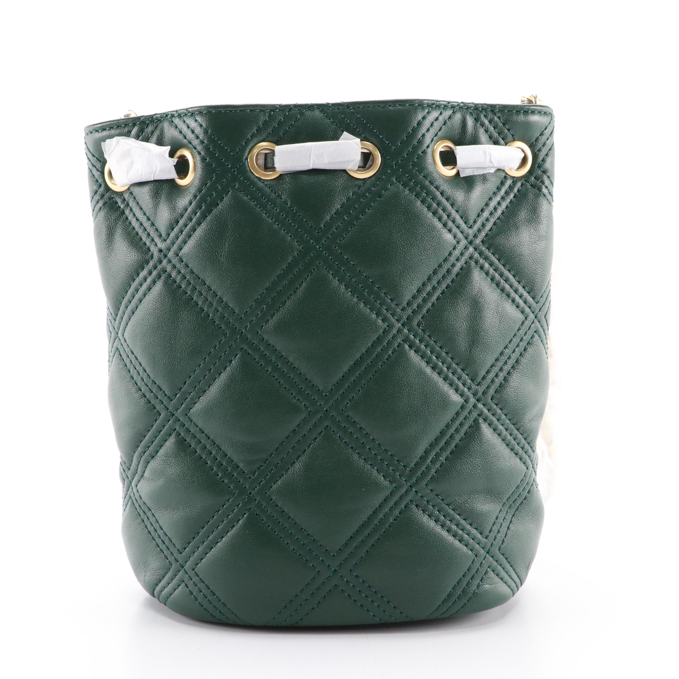 Tory Burch Fleming Mini Drawstring Bucket Bag in Pine Tree Leather, New With Tag