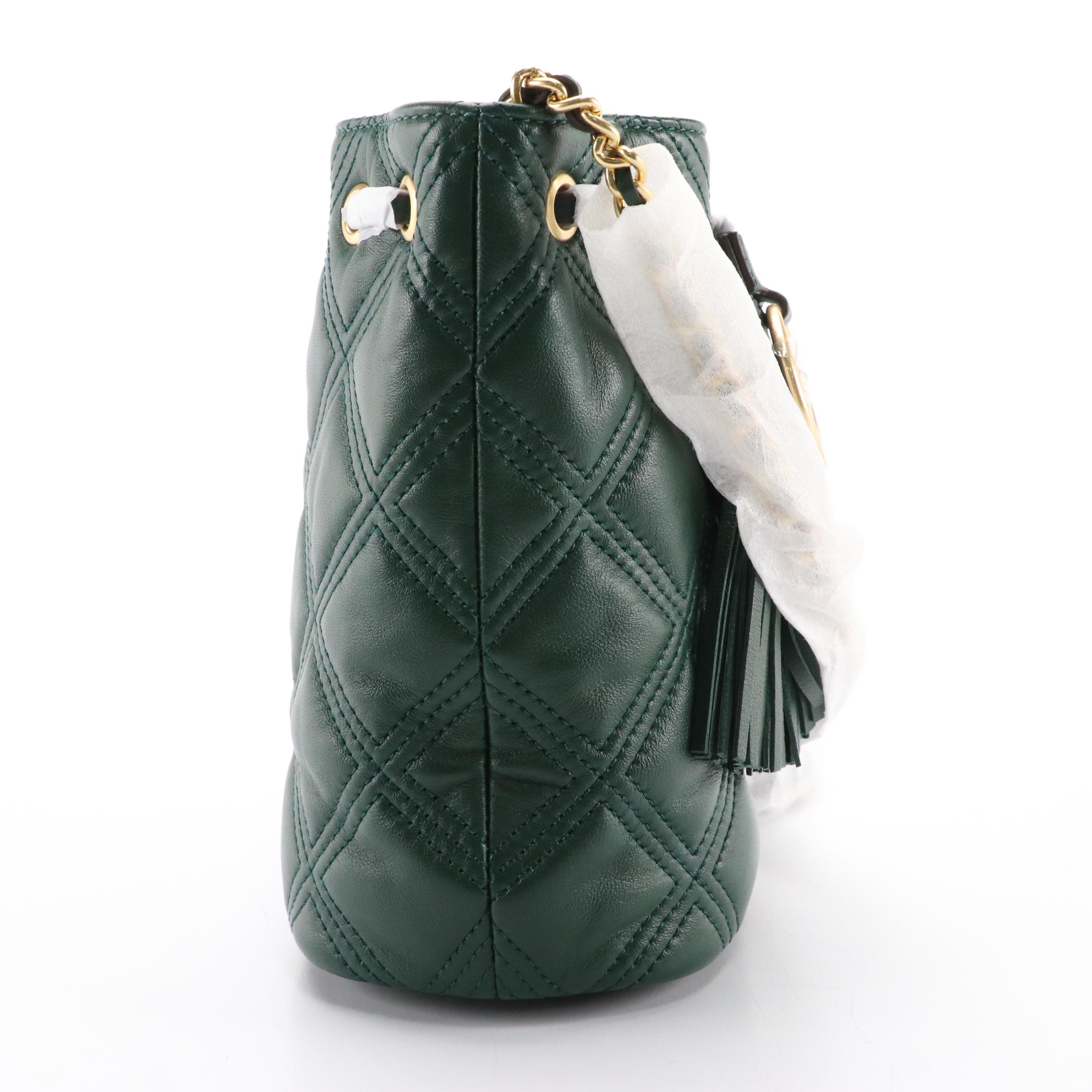 Tory Burch Fleming Mini Drawstring Bucket Bag in Pine Tree Leather, New With Tag