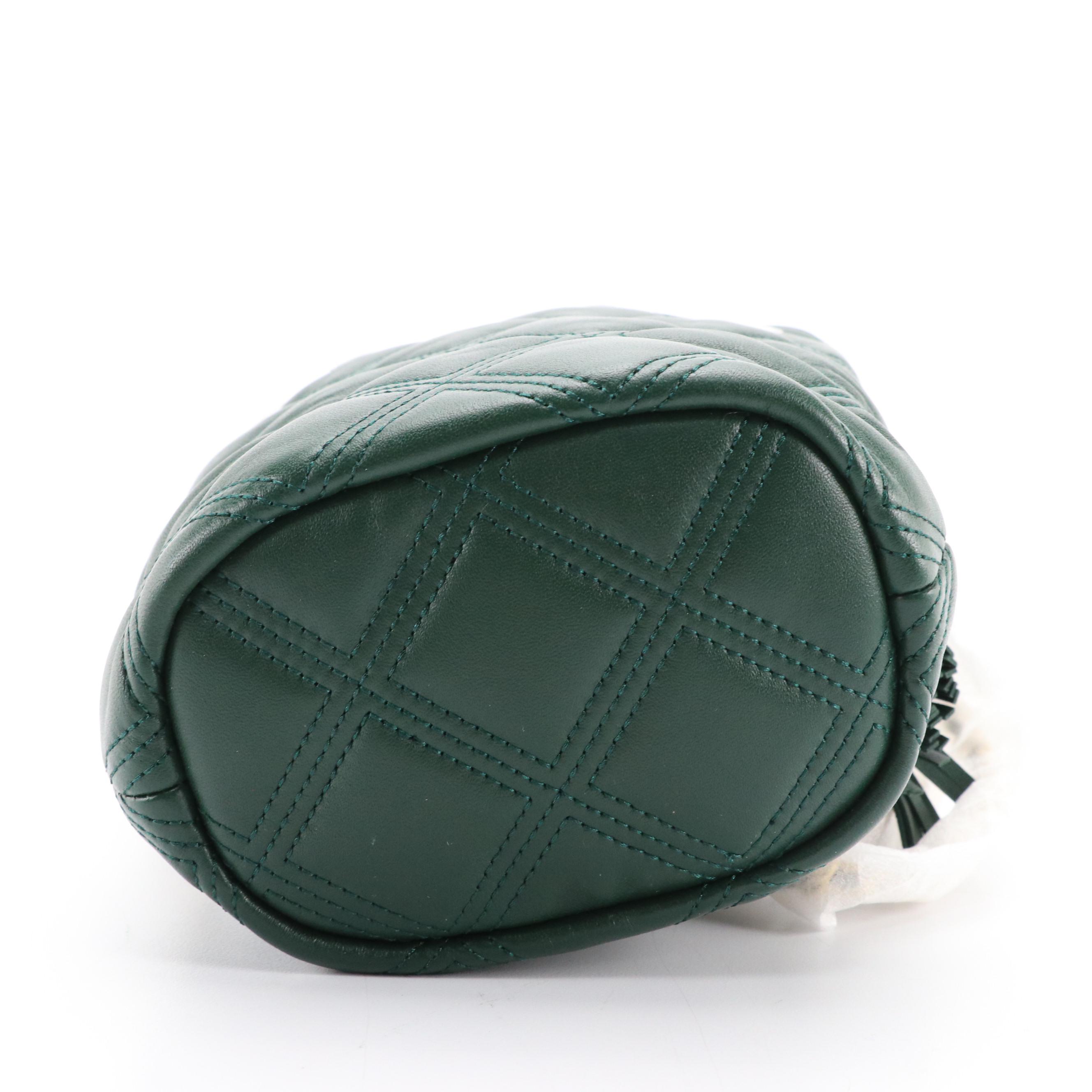 Tory Burch Fleming Mini Drawstring Bucket Bag in Pine Tree Leather, New With Tag